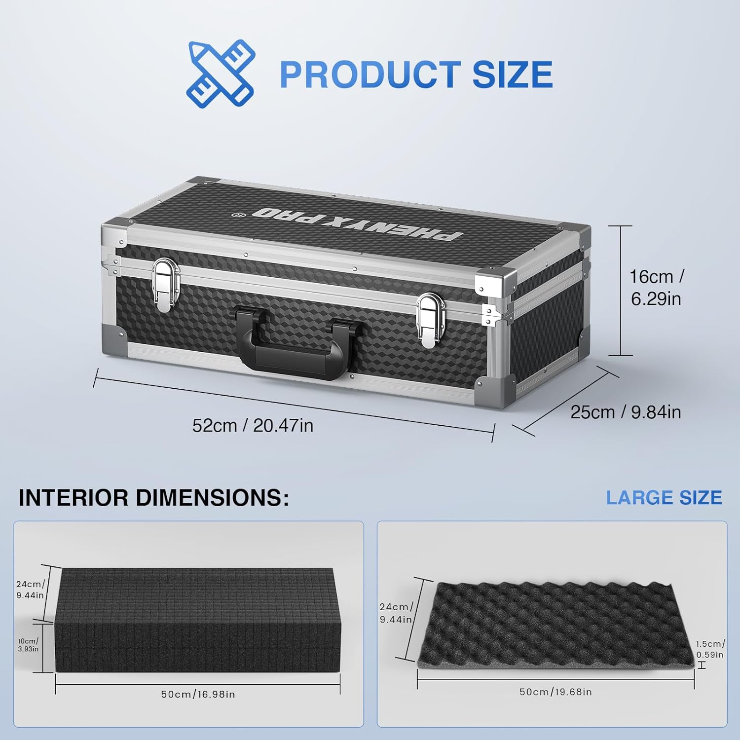 Phenyx Pro Aluminum Alloy Frame Carrying Case with Three-layer Pre-Diced Pick and Pluck Foam, Ideal 8-Channel Wireless Mic Systems Transportation (Size Extra Large 20.4 x 10.2 x 7.9 In)