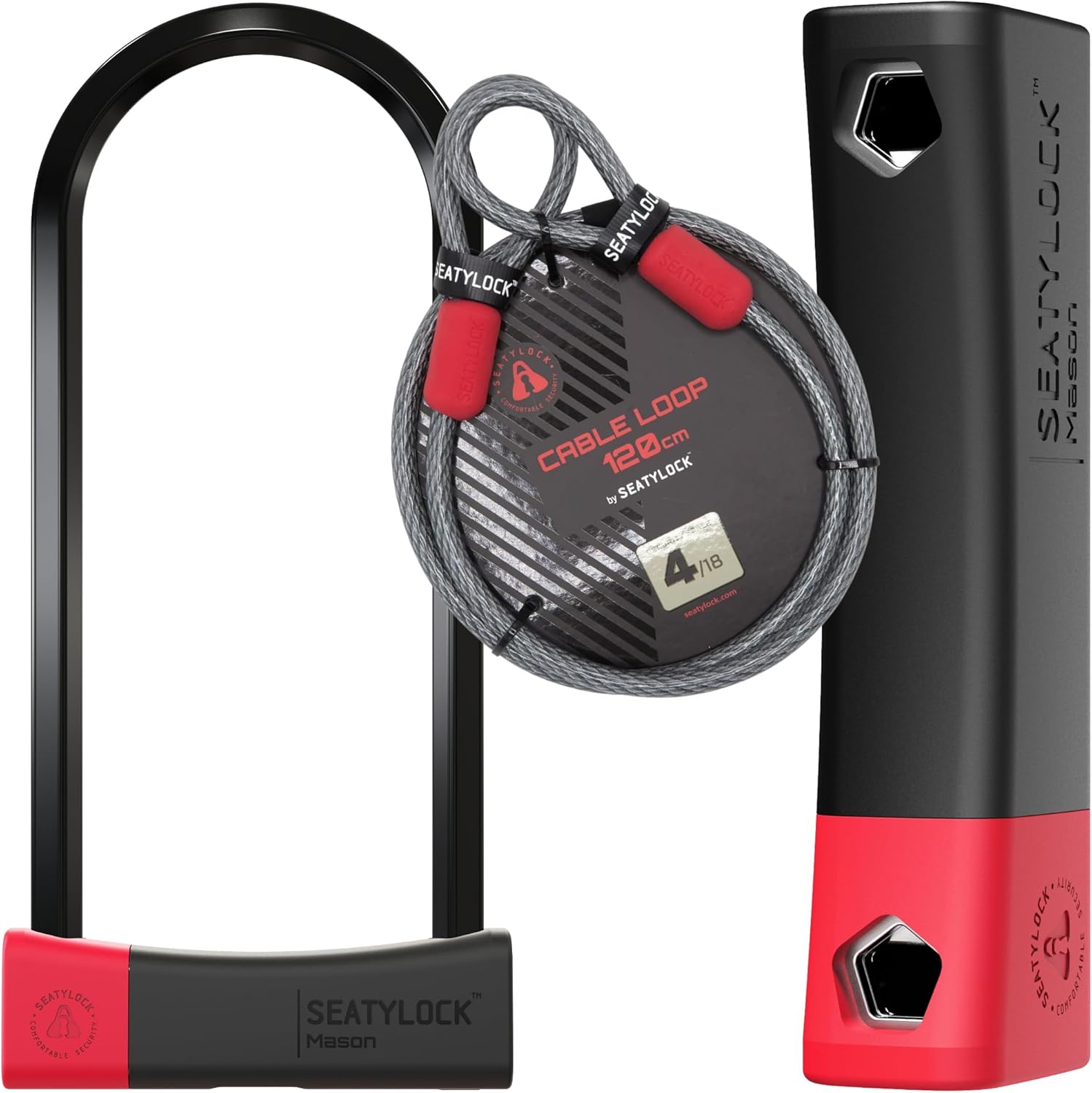 Seatylock Mason Bike U Lock and Locking Cable Kit - Patented Heavy Duty Anti Theft Diamond Secure ULock - Ultra Security Bicycle Safety Tool with Keys for City Electric, Mountain Bikes and Scooters