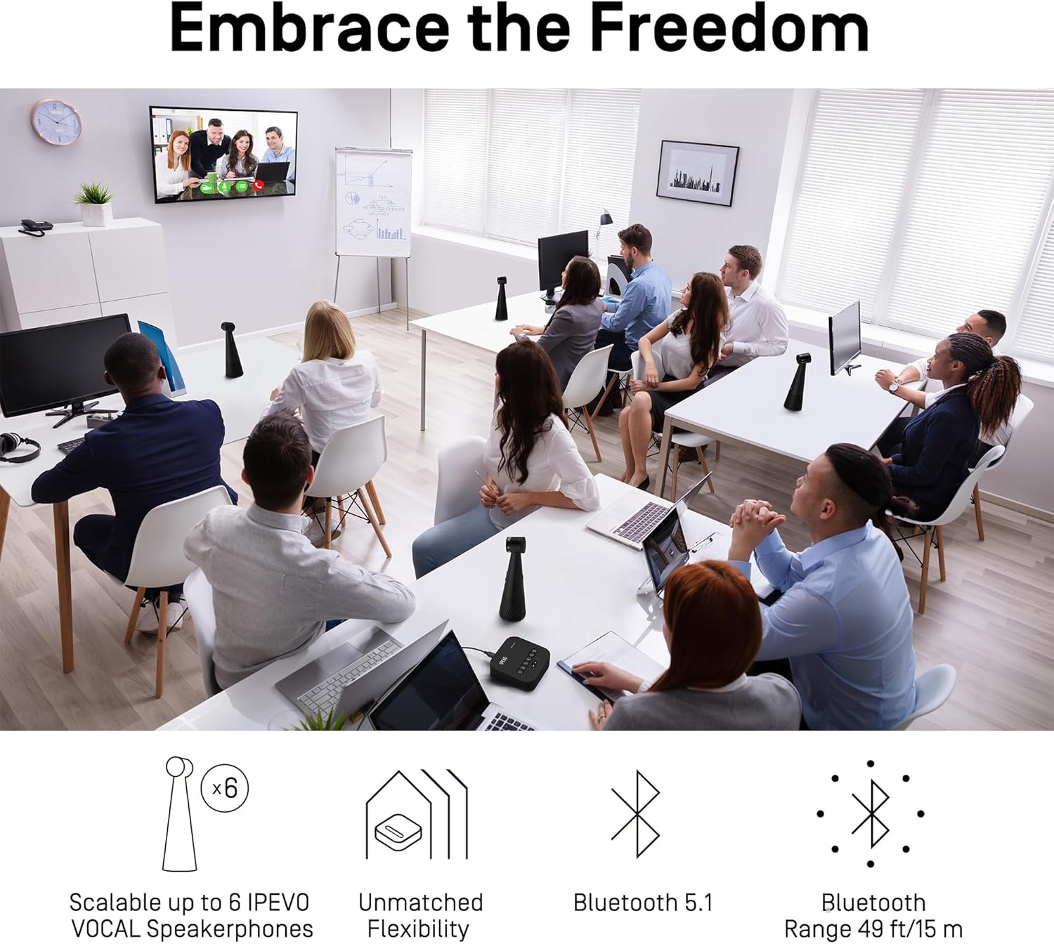 IPEVO Vocal HUB Wireless Pair up to 6 Conference Speakers/Microphones Vocal, 360°Voice Pickup, Two-WayAI Noise Reduction, Audio Synchronization, USB or Bluetooth or Line in/Out Connected Modes