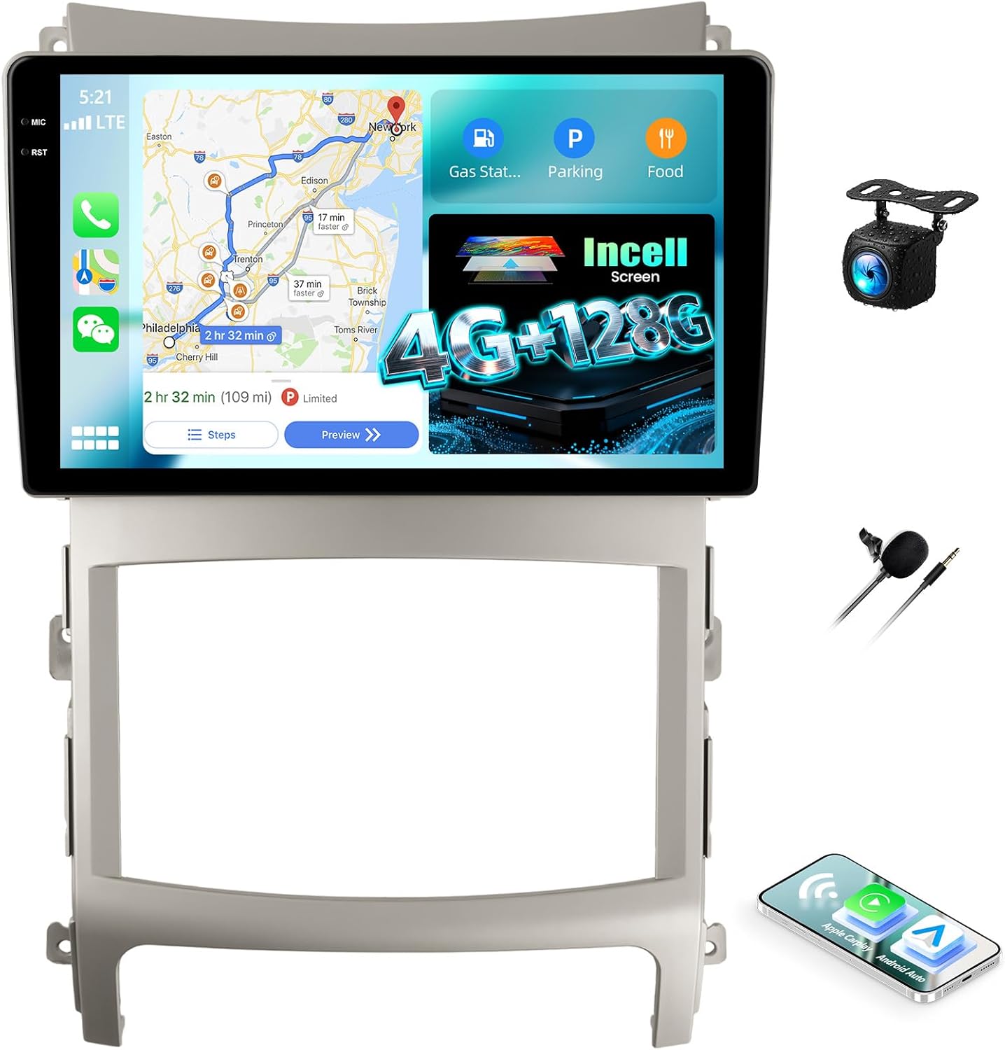 4G+128G Car Radio for Hyundai Veracruz 2007-2013 Android Replacement Upgrade Stereo with CarPlay Android Auto 9 Inch Touch Screen Head Unit with Backup Camera Mic