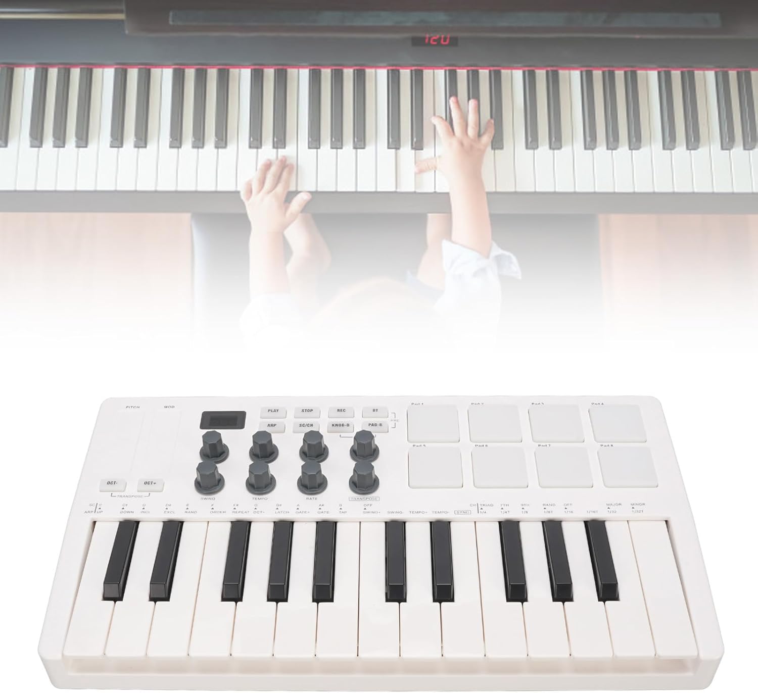 Professional MIDI Keyboard, Bluetooth USB MIDI Keyboard Controller, with 25 Key 8 Backlit Drum Pads 8 Knobs, for Musician Music Production