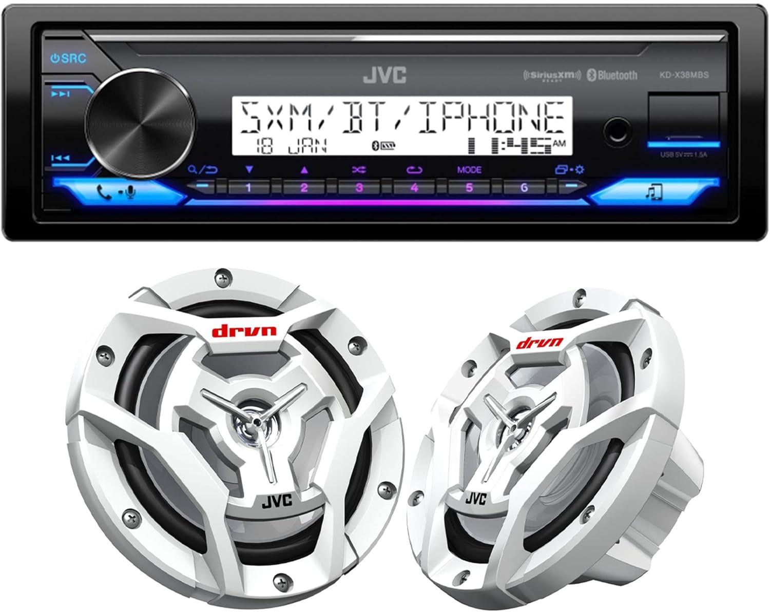 JVC KD-X38MBS Marine Digital Media Receiver with Bluetooth, USB, Conformal Coated PCB with 1 Pair CS-DR6201MW Marine Speaker 6.5