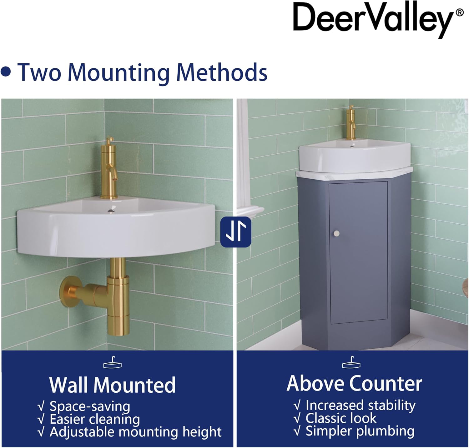 DeerValley 18x13 Inch White Triangle Ceramic Wall Mount Sink, Above Counter Porcelain Bathroom Small Corner Sink with Faucet Hole and Overflow, DV-1V0222