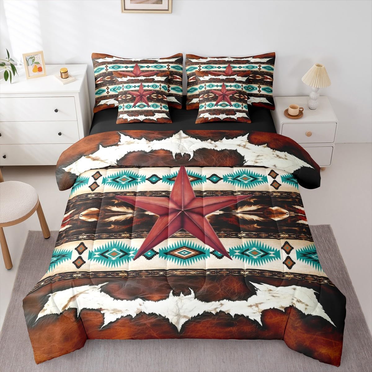 Feelyou Vintage Western Texas Star Print Queen Comforter Set with Sheets Cowhide Cow Print Retro Fur 7 Pieces Bedding Set Boho Rustic Farmhouse Bed in a Bag Exotic Geometric Room Decor Southwest Aztec