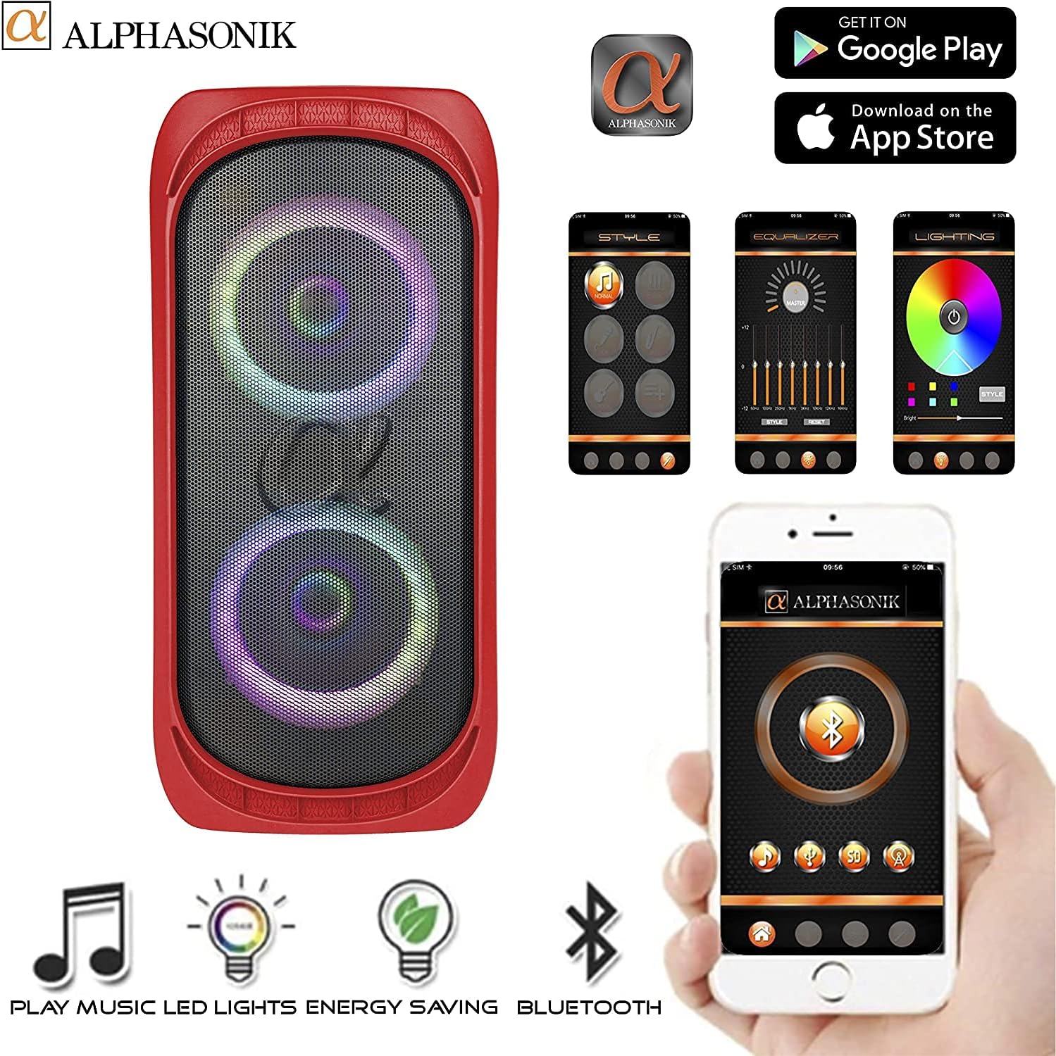Alphasonik Reaktor One Portable Party Speaker Box High Power Alpha Bass Technology Wireless Bluetooth Mic and Guitar Inputs Phone Charger USB Player AUX App Control Long Lasting Battery up to 18 Hours