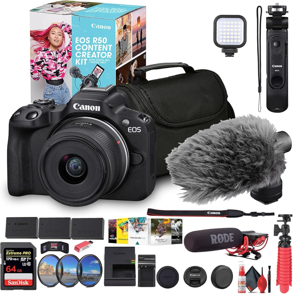 Canon EOS R50 Content Creator Kit with 18-45mm Lens | Mirrorless Camera with Tripod & Flip Screen (Black) + Mic + 64GB Card + Filter Kit + Photo Software + Bag + 2 x LPE17 Battery + More (Renewed)