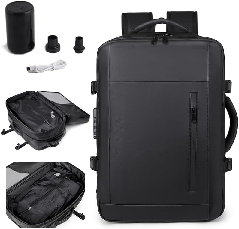 Vacuum-sealed travel computer backpack, Water-Resistant, With vacuum pump, Multiple Compartments, Anti-theft combination lock (Black)
