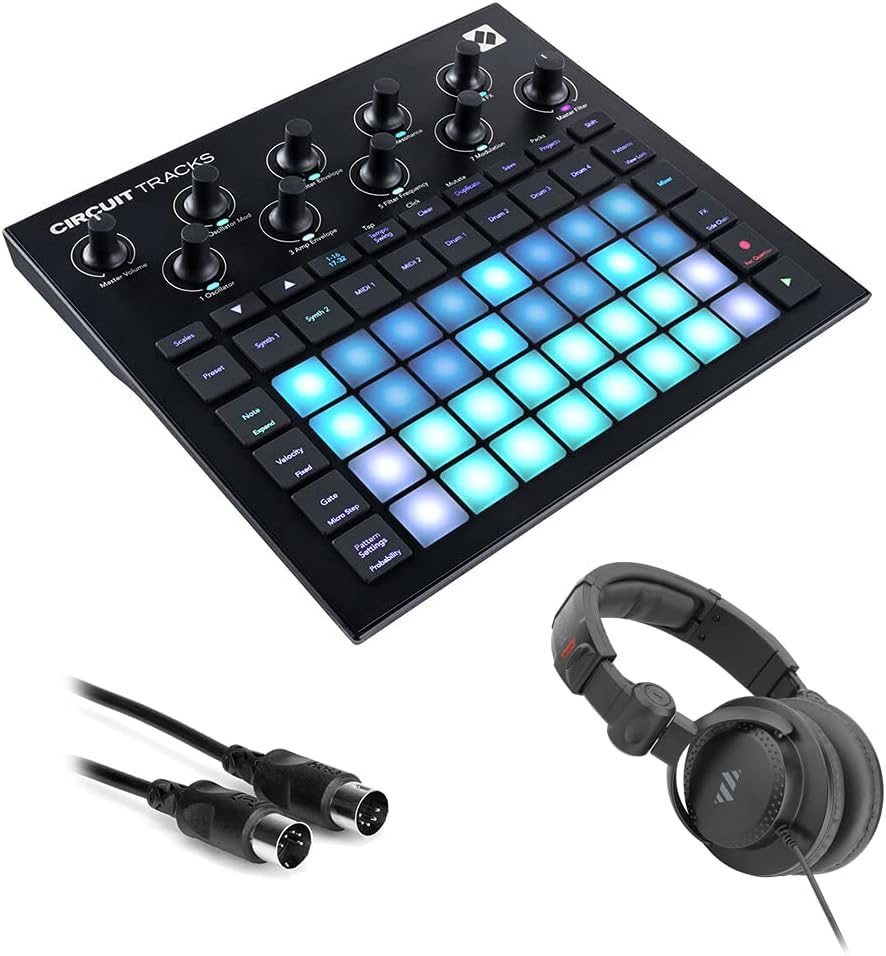 Novation Circuit Tracks Standalone Groove Box with Synths, Drums, and Sequencer Bundle with Studio Monitor Headphones and MIDI Cable