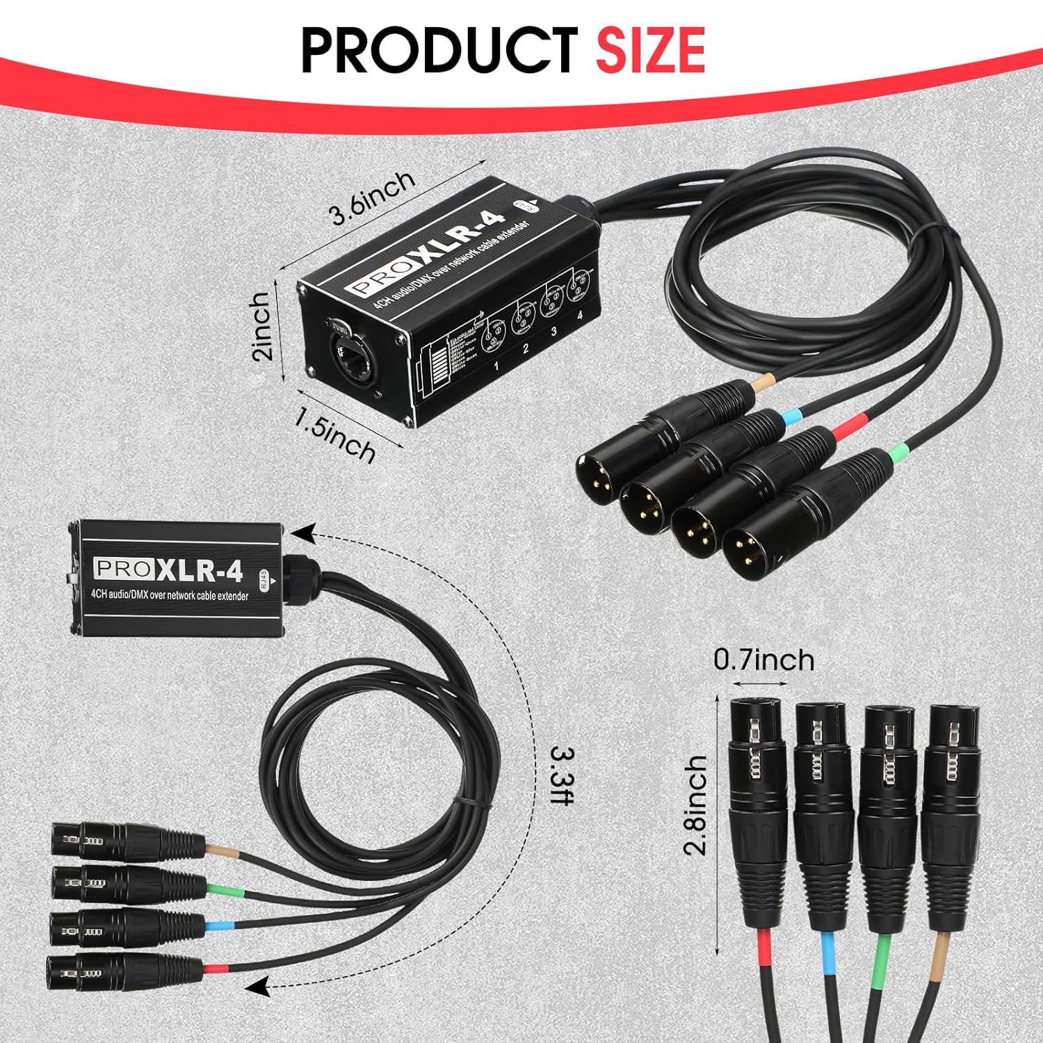 Flutesan 4 Pack 4 Channel 3 Pin Audio Snake XLR Cable XLR Over Rj45 Multi Network Snake Receiver with 3.3 ft Cable Box Extender for Stage Lighting Home Recording Studio(Black Plug)