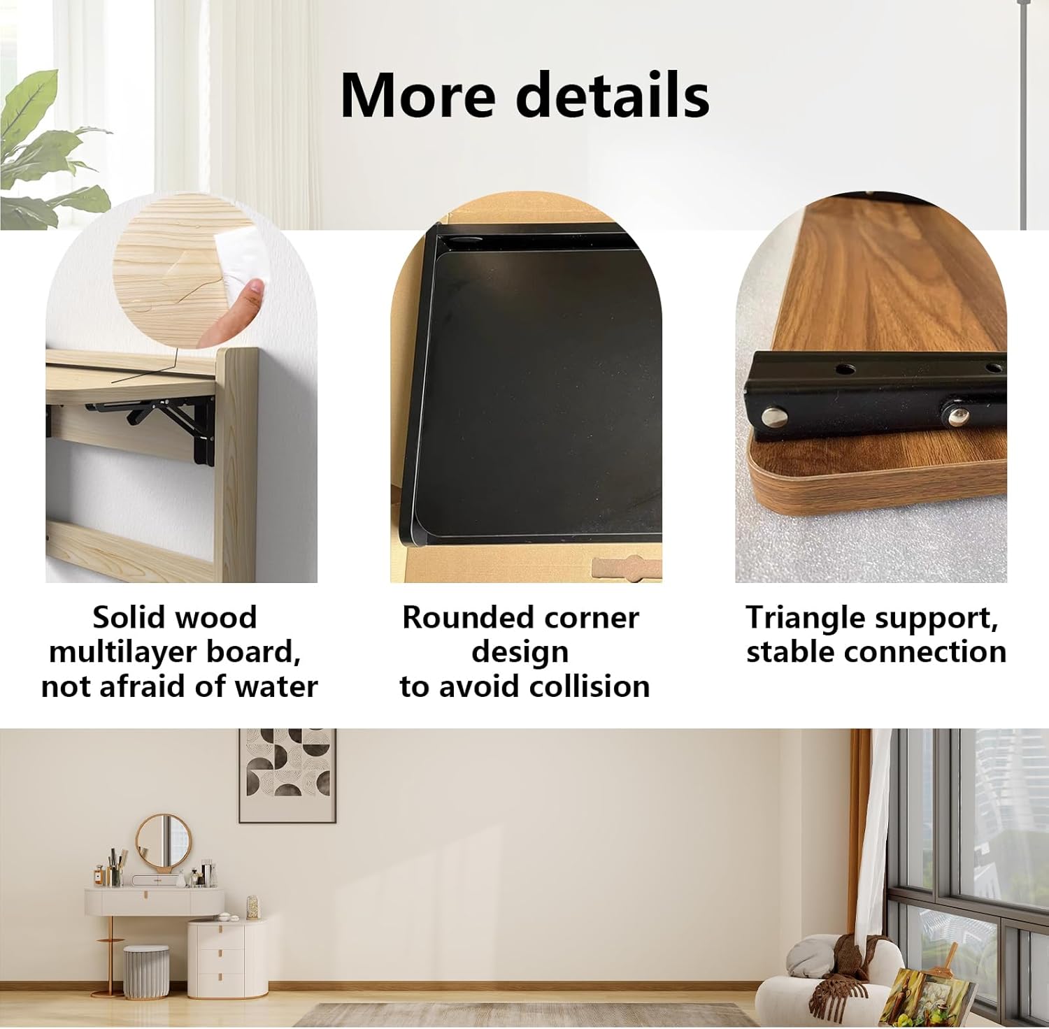 Wall Mount Table Foldable Desks for Small Spaces Wall-Mounted Foldable Rounded Corner Design Hardware Accessories for Bedroom Living Room Study E 21.1 * 3.1 * 24.4in