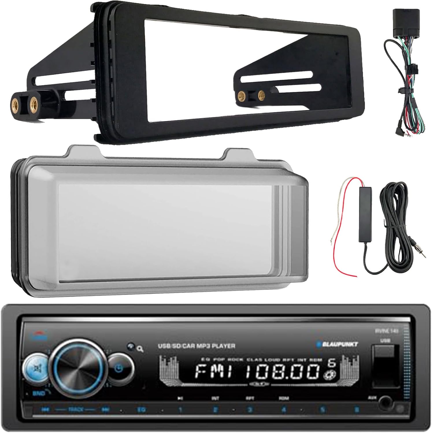 Blaupunkt IRVINE140 Single DIN Bluetooth USB/AUX SD/MP3 Player AM/FM Radio Stereo Receiver W/Stereo Install Kit + Weather Shield Receiver Cover, 12V Signal Reception Amplifier Booster Kit