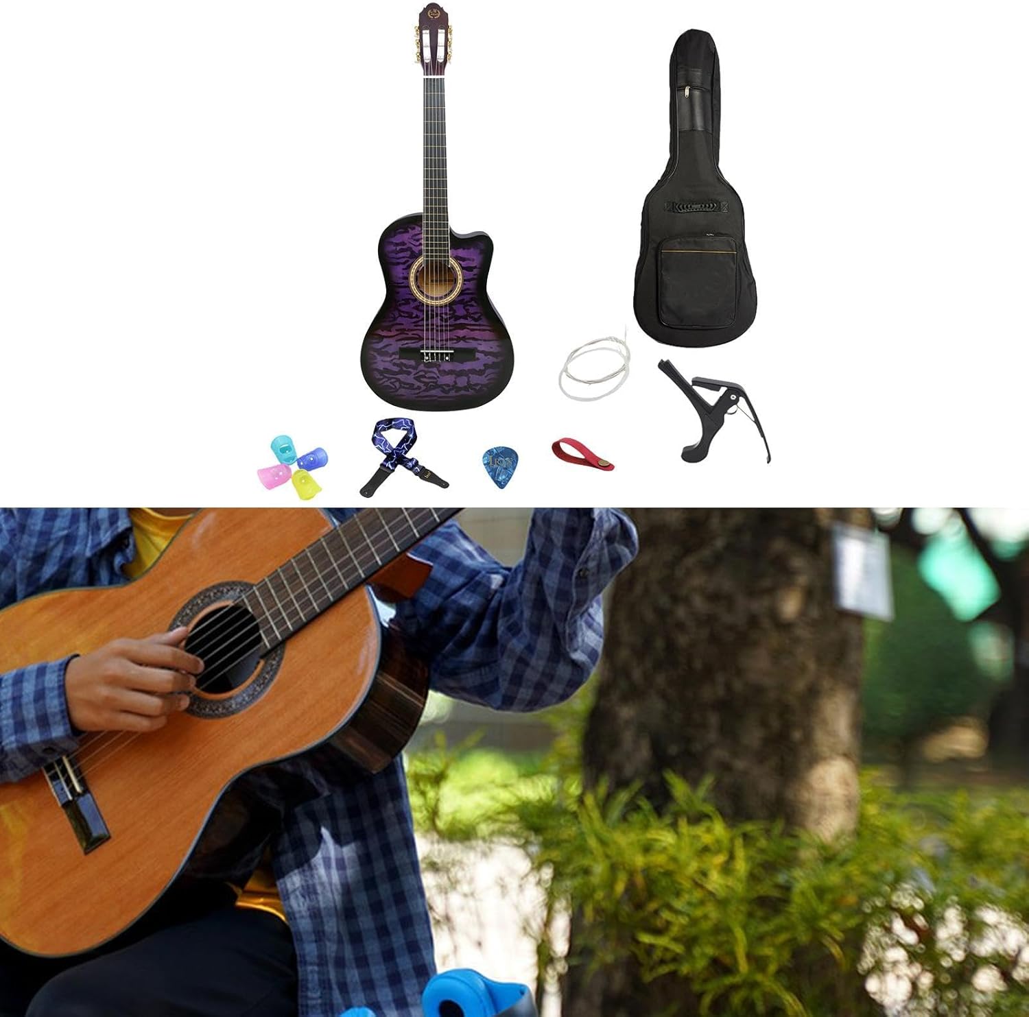 Acoustic Guitar for Beginners with Gig Bag and Accessories, Spruce Top Nylon String Classical Guitar for Travel and Performance, 40.16 Inch- Purple