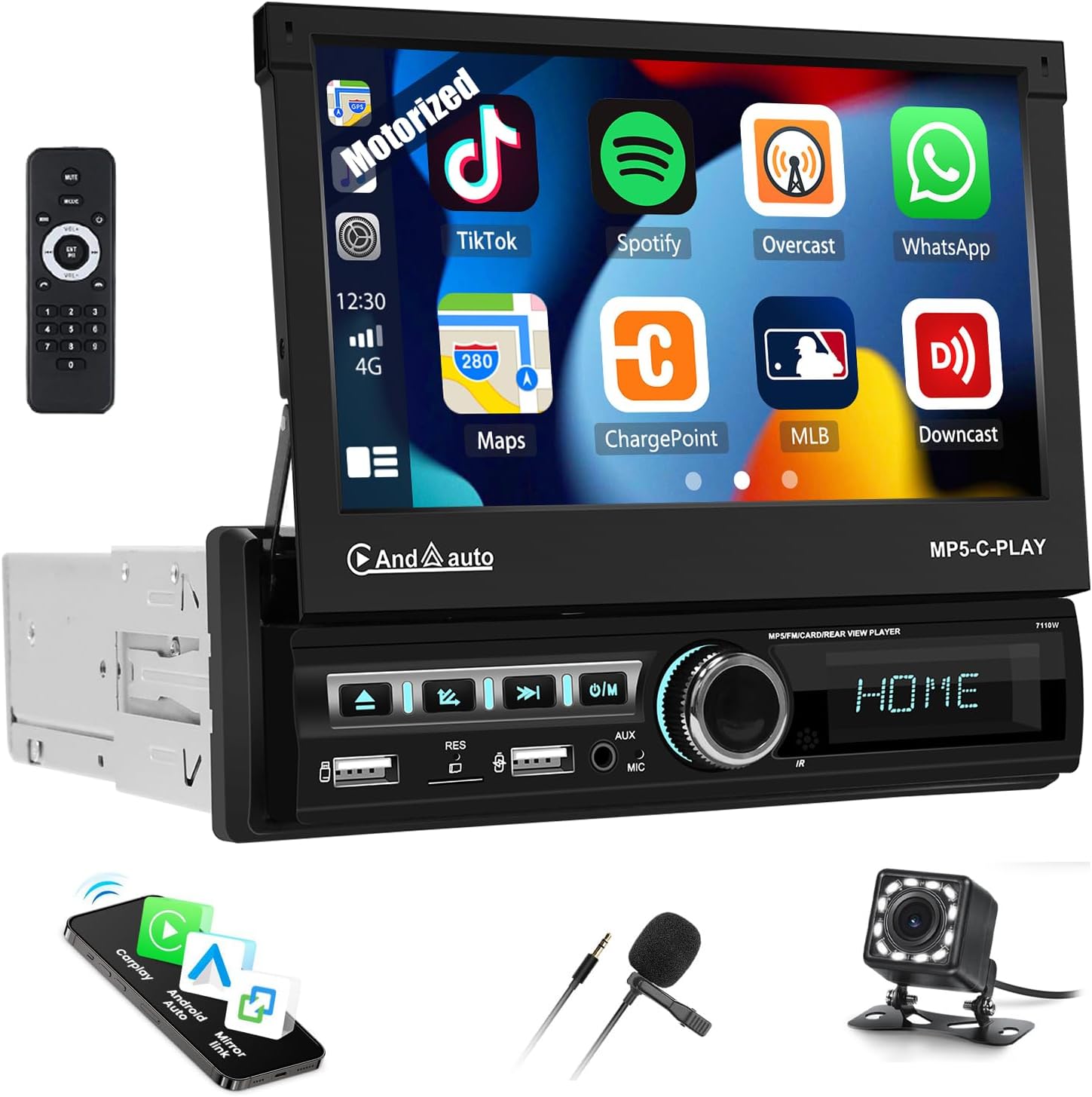 Motorized-Single Din Flip Out 7 Inch Touch Screen Car Stereo Radio with Wireless CarPlay Android Auto Bluetooth Mirror Link FM Radio AUX/USB/TF Card Input Backup Camera Mic SWC Fast Charge