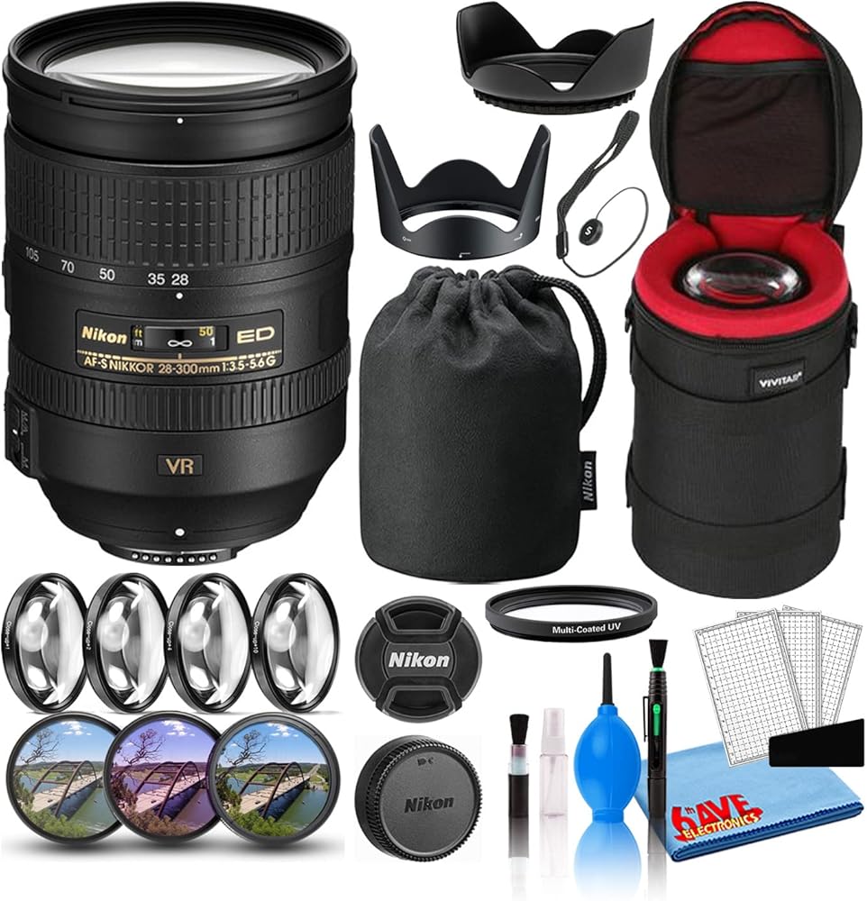 Nikon AF-S NIKKOR 28-300mm f/3.5-5.6G ED VR Lens (2191) with Padded Lens Case + Macro Filter Kit + UV, CPL, FL Lens Filters + Tulip Hood + Lens Cap Keeper + Cleaning Kit (Renewed)