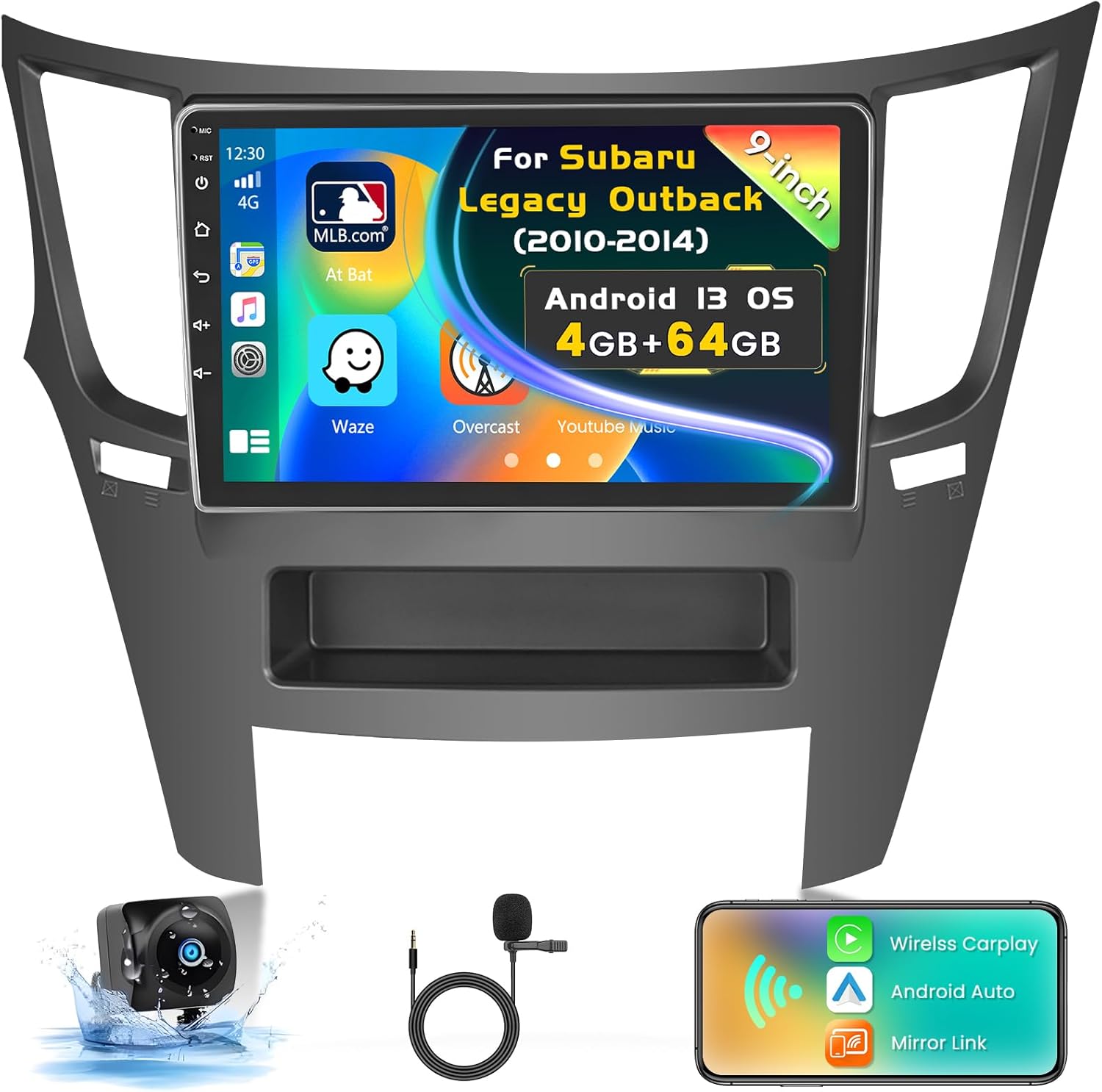 [4G+64G] Android 15 Car Radio for Subaru Legacy Outback 2010-2014 with Wireless Carplay/Android Auto, 9 Inch HD Touchscreen Car Stereo for Legacy with WiFi GPS Bluetooth5.0 FM/RDS 32EQ SWC