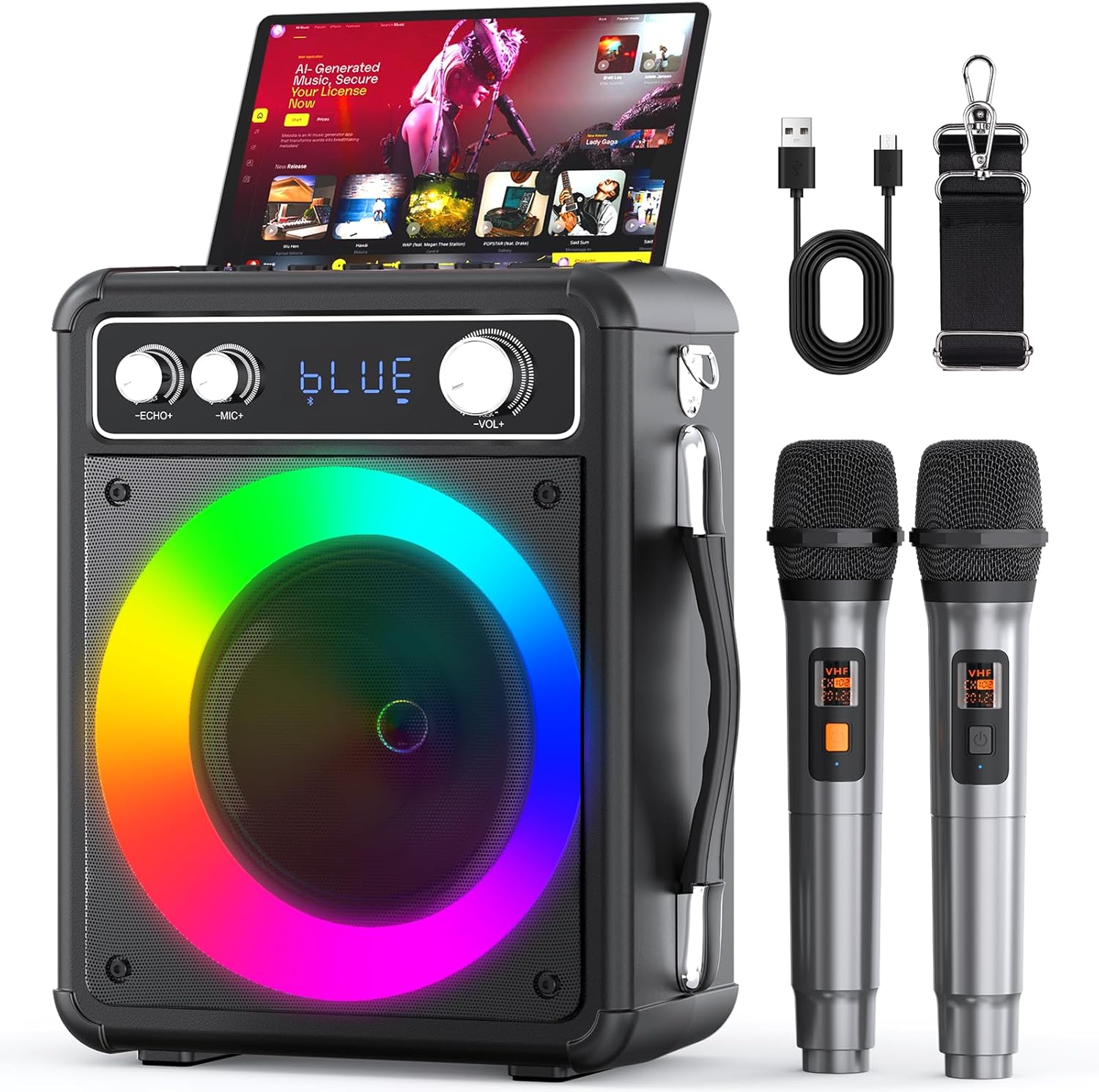 Karaoke Machine, Portable Bluetooth Karaoke Speaker with 2 Wireless Microphones, PA System for Adults Kids with LED Lights & Echo Adjustment, Supports TWS/TF/USB/AUX for Home Party