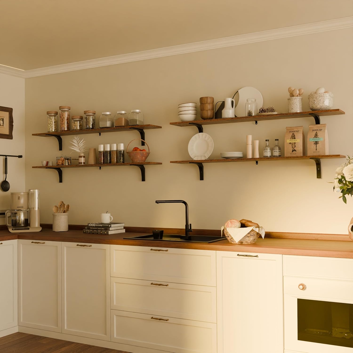 Adjustable Floating Shelves Set of 5, 48 Inch Rustic Brown Wall Shelves with Metal Brackets, Industrial Shelves for Bedroom, Living Room, Home Office & Farmhouse Decor (Brown, 5T48IN)