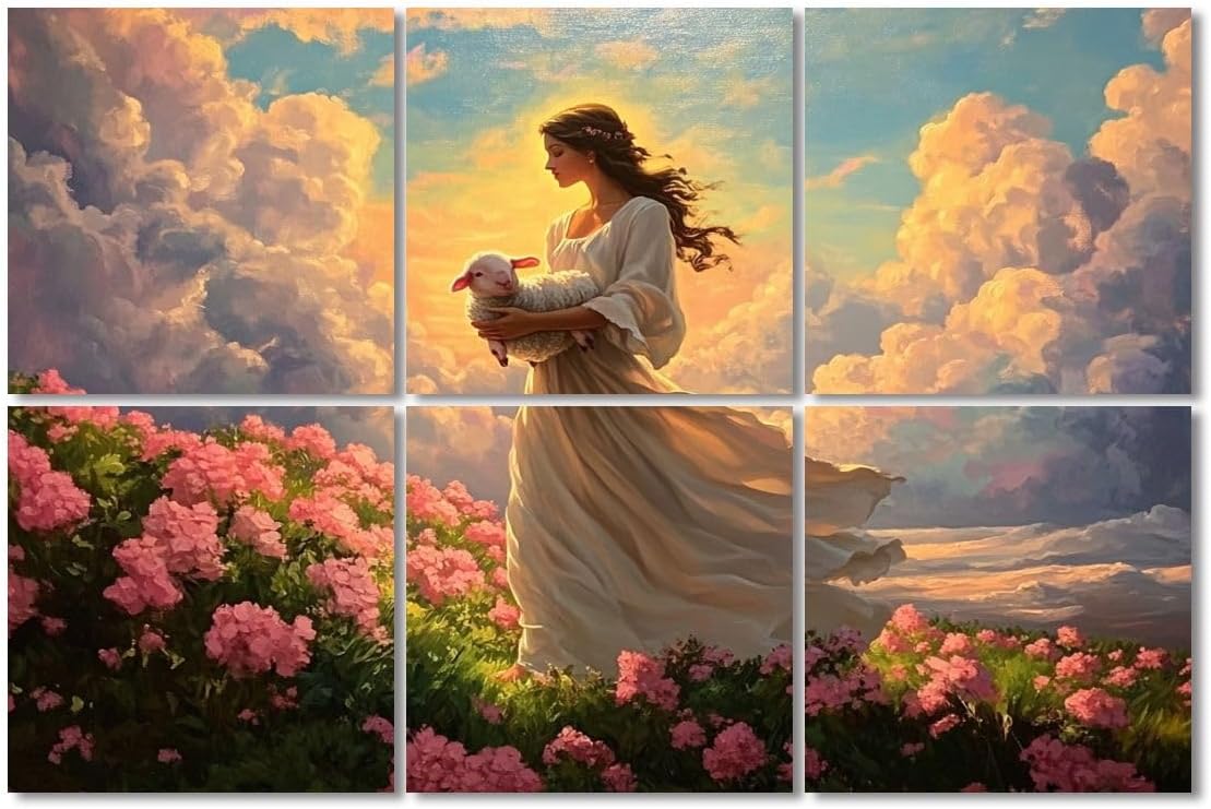 6 Pack Art Acoustic Panels Sound Absorbing Lamb Pink Flower Field Modern Theme Christian Christ Spiritual Flowers Decorative Soundproof Wall Panels Self Adhesive for Recording Studios Office 72