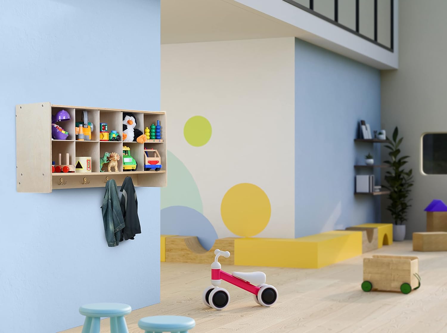 Cubby Storage Organizer Cubes, 10 Cubbies with Coat Hooks, Hanging Wall Cubby Shelf for Kids Toys, Daycare, Classroom, 47-inch Width