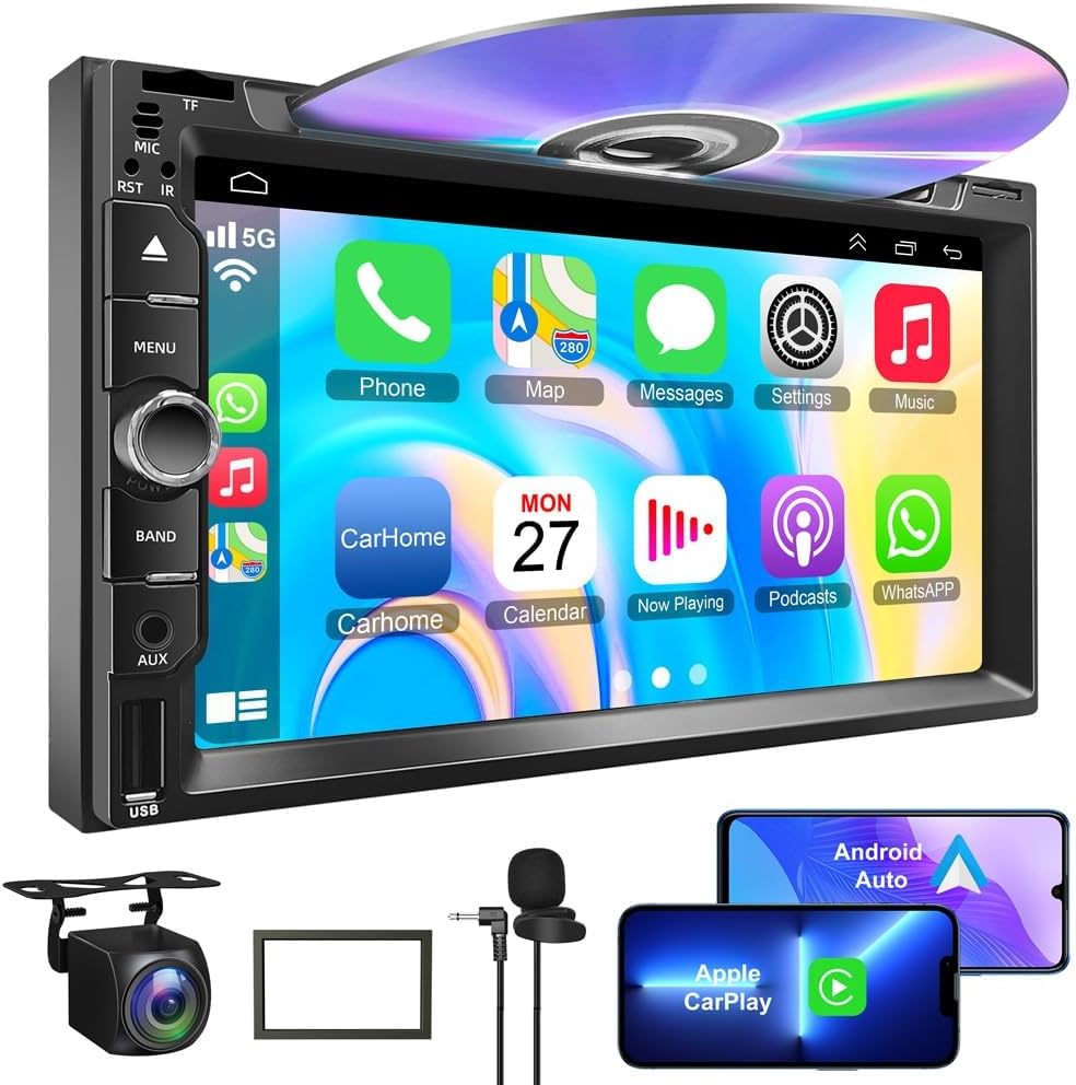 Double Din Car Radio with CD/DVD Player- Support CarPlay & Android Auto, 7 Inch Car Stereo with Bluetooth, Rear Camera, USB/TF/AUX, AM/FM Radio Receiver