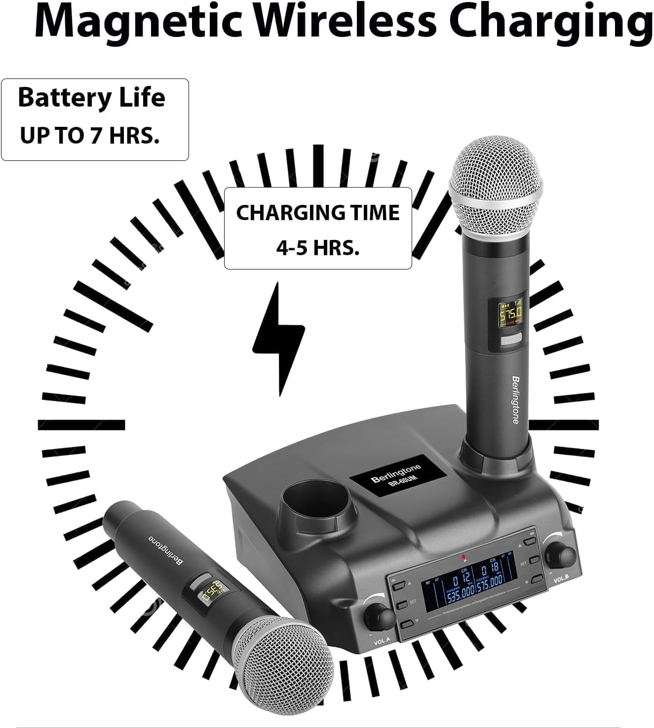 Berlingtone) Professional Dual Dynamic Handheld UHF Wireless Microphone System, Magnetic Wireless Charging, 200 Adjustable Frequency Channels for Karaoke, Meeting, Church, up 200ft Range, BR-60UM
