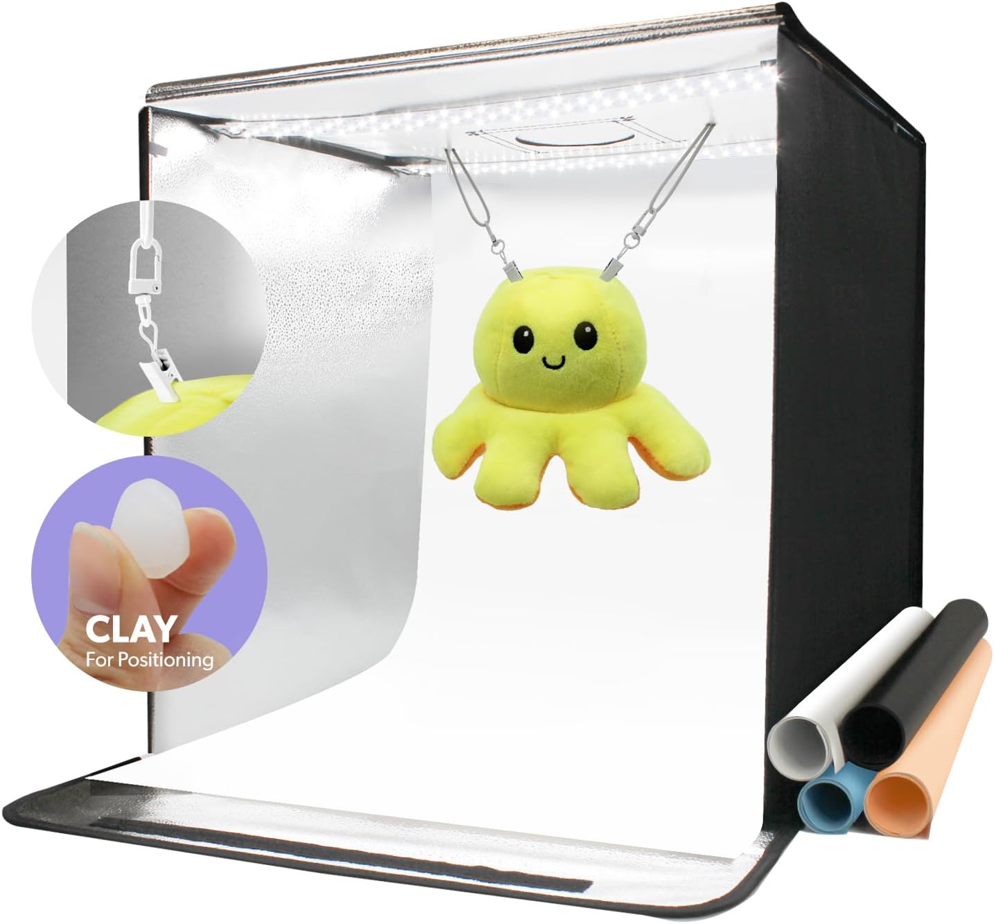 LimoStudio 24 x 24 inch (New Model) LED Light Box Photo Shooting Tents, 120 LED > 4000 Lumen, CRI > 95, Elastic Ceiling String Clip for Hanging Object, Transparent Clay for Object Position, AGG1071