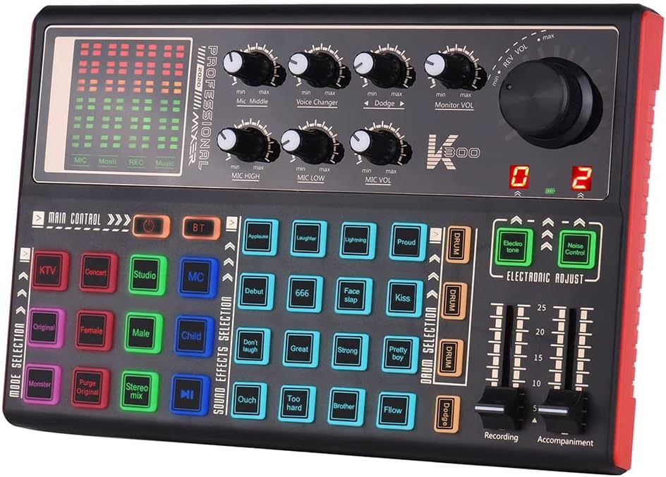 Sound Mixer Board, LED Light Voice Changer Sound Card with 20 Sound Effects, Audio Mixer for Music Recording Live Broadcast on Cell Phone Computer