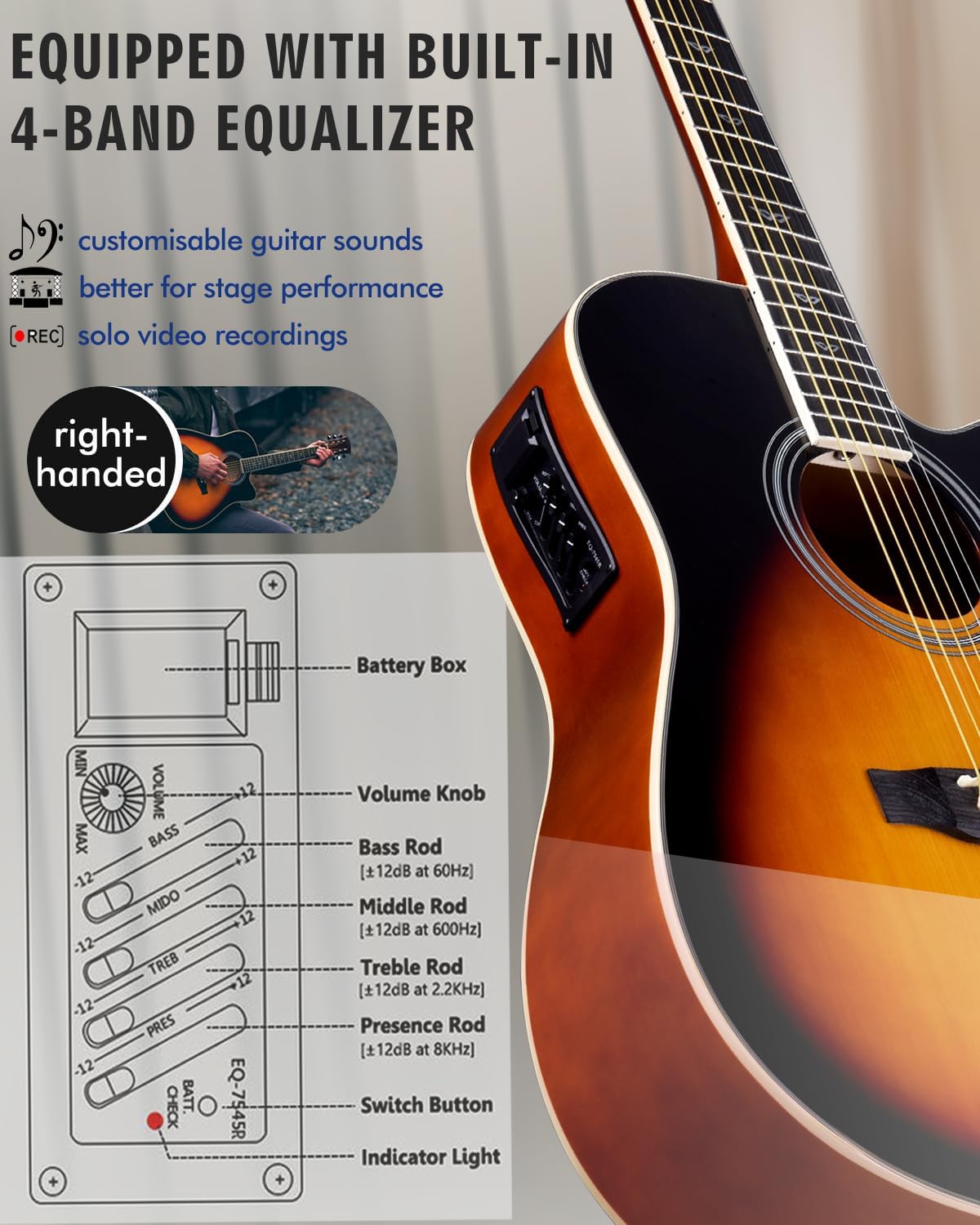 Winzz Acoustic-Electric Guitar 4/4 Full Size for Adults Beginners and Teens,6 Steel-String Acustica Guitarra Starter Kit, 4-Band Equaliser, 41