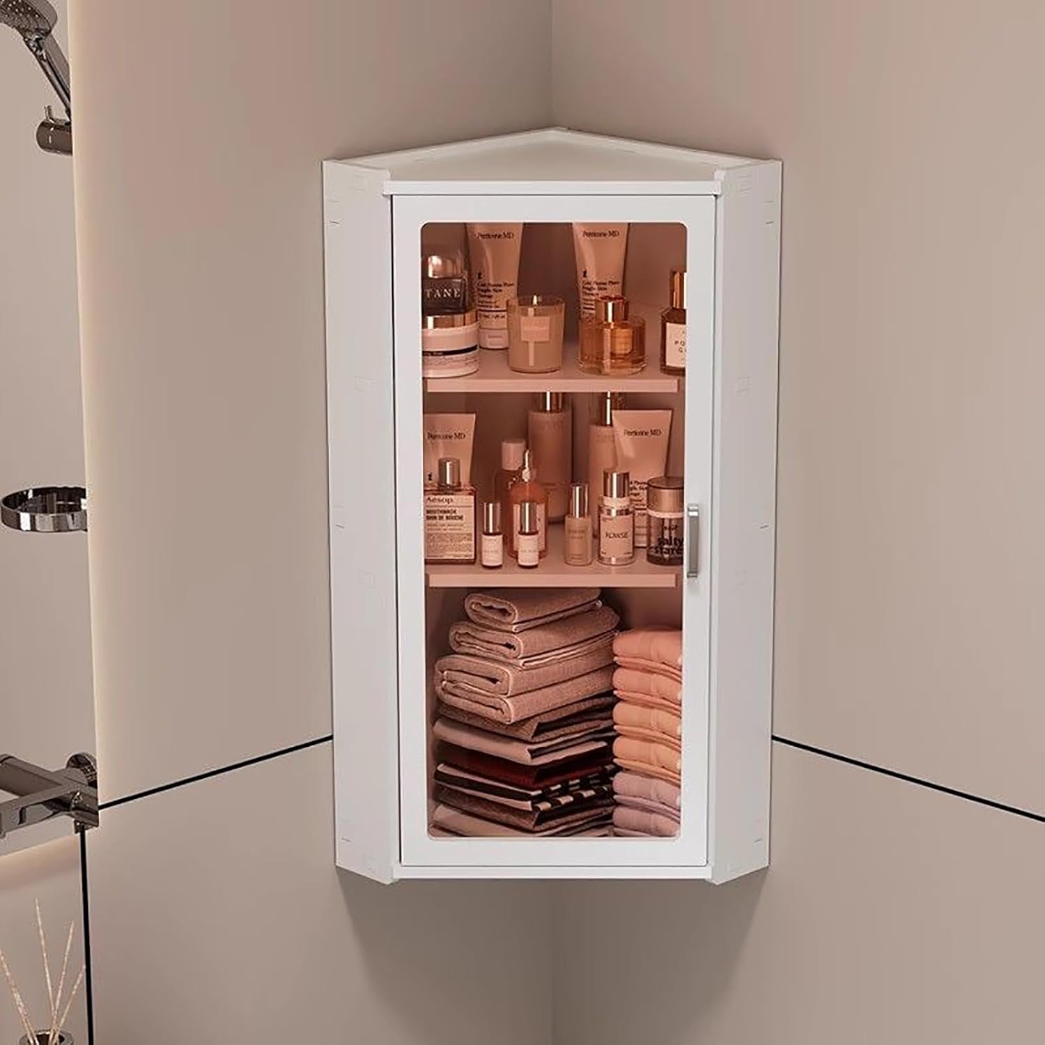 3-Tier Corner Spice Rack for Kitchen,Small Corner Medicine Cabinet,Bathroom Cabinets Wall Mount with Door,Compact Hanging Cabinets