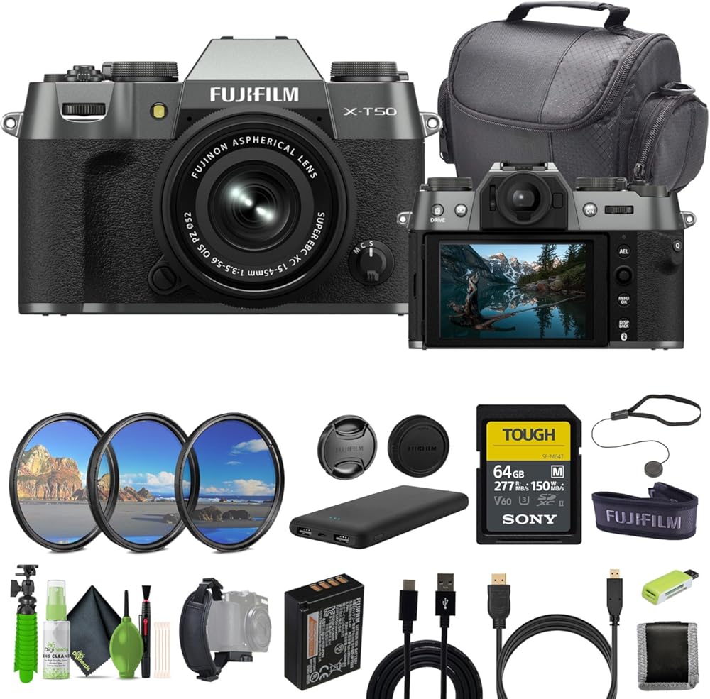 Fujifilm X-T50 Mirrorless Digital Camera XC15-45mmF3.5-5.6 OIS PZ Lens Bundle Kit with 64GB SF-M Tough UHS-II Memory Card + Filter Kit + Cleaning Kit + Camara Bag + More Accessories - Charcoal Silver