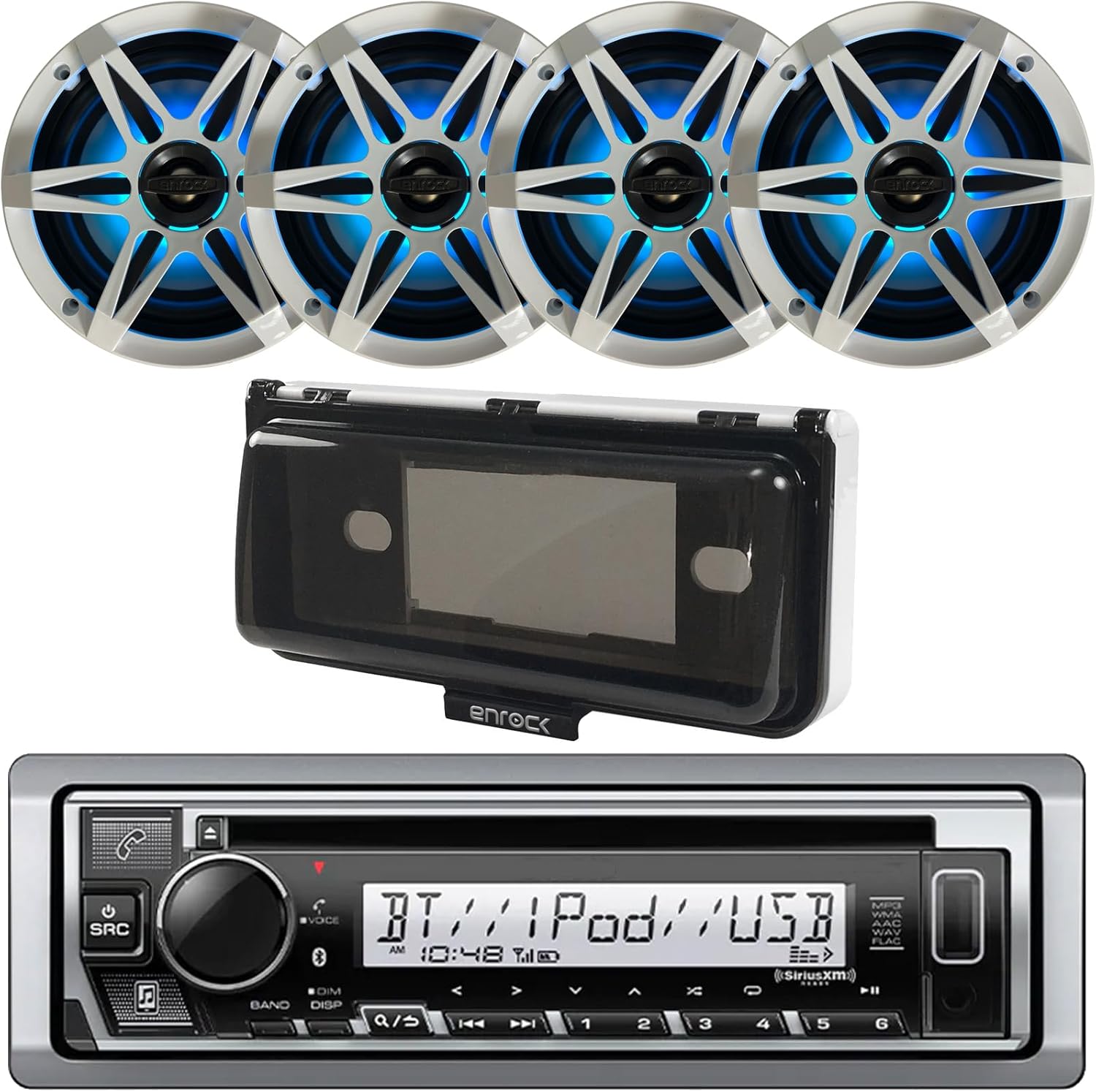 Kenwood Single DIN Bluetooth in-Dash CD Player AM/FM Marine Stereo Receiver Bundle Combo with 4X Enrock 6.5