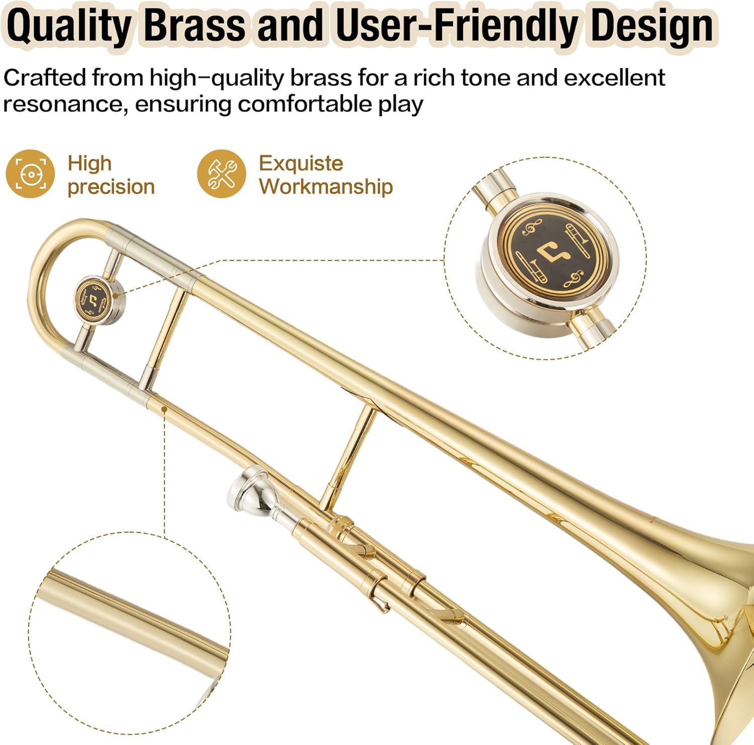 B Flat Alto Trombone, Brass Trombone with Gold Laquer, Includes Mouthpiece, Case, Cleaning Cloth, Gloves