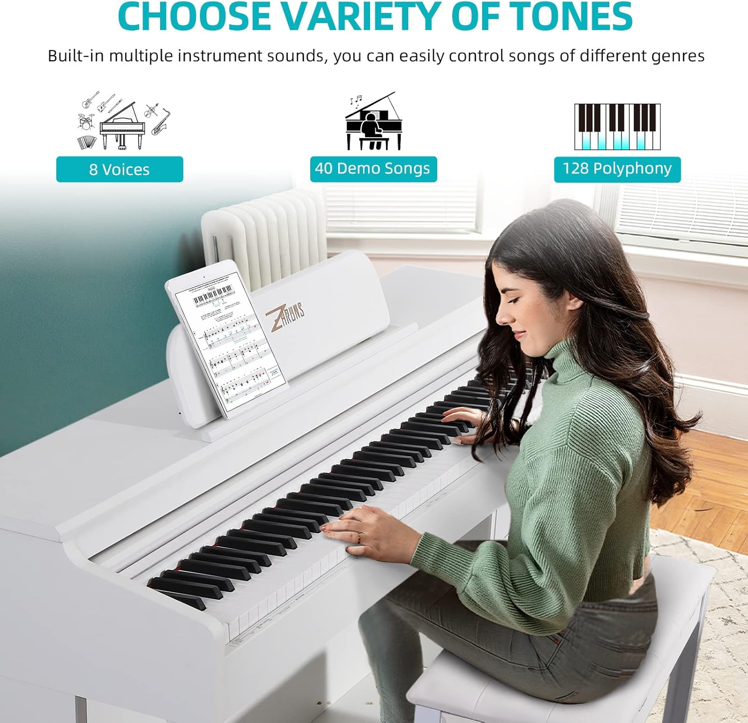 ZHRUNS Digital Piano, 88 Key Weighted Keyboard Piano, Duet Piano Bench with Storage