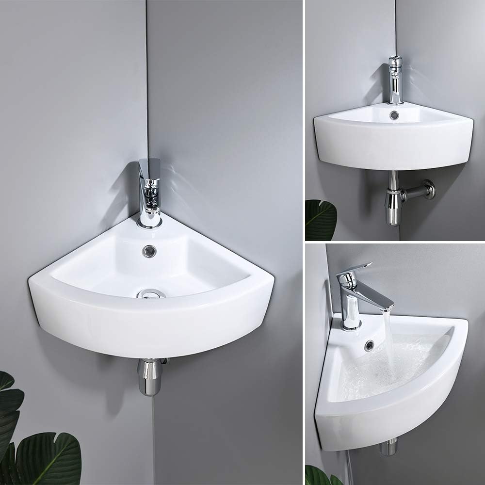 Small Corner Wall Mount Bathroom Sink and Faucet Combo - VOKIM White Porcelain Ceramic Above Counter Mini Vanity Vessel Sink with Chrome Faucet and Pop-up Drain Combo