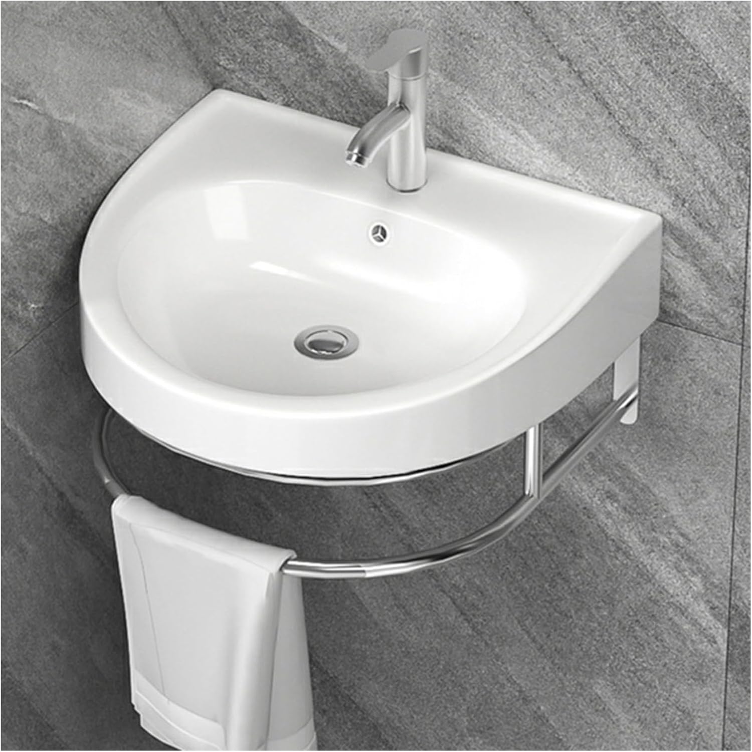 Small Wall Mount Corner Sink, Ceramic Sink,Wall Mounted Sink, White Wall Hung Bathroom Sink Mini Vanity Vessel Sink with Faucet Hole and Overflow,for Small Space