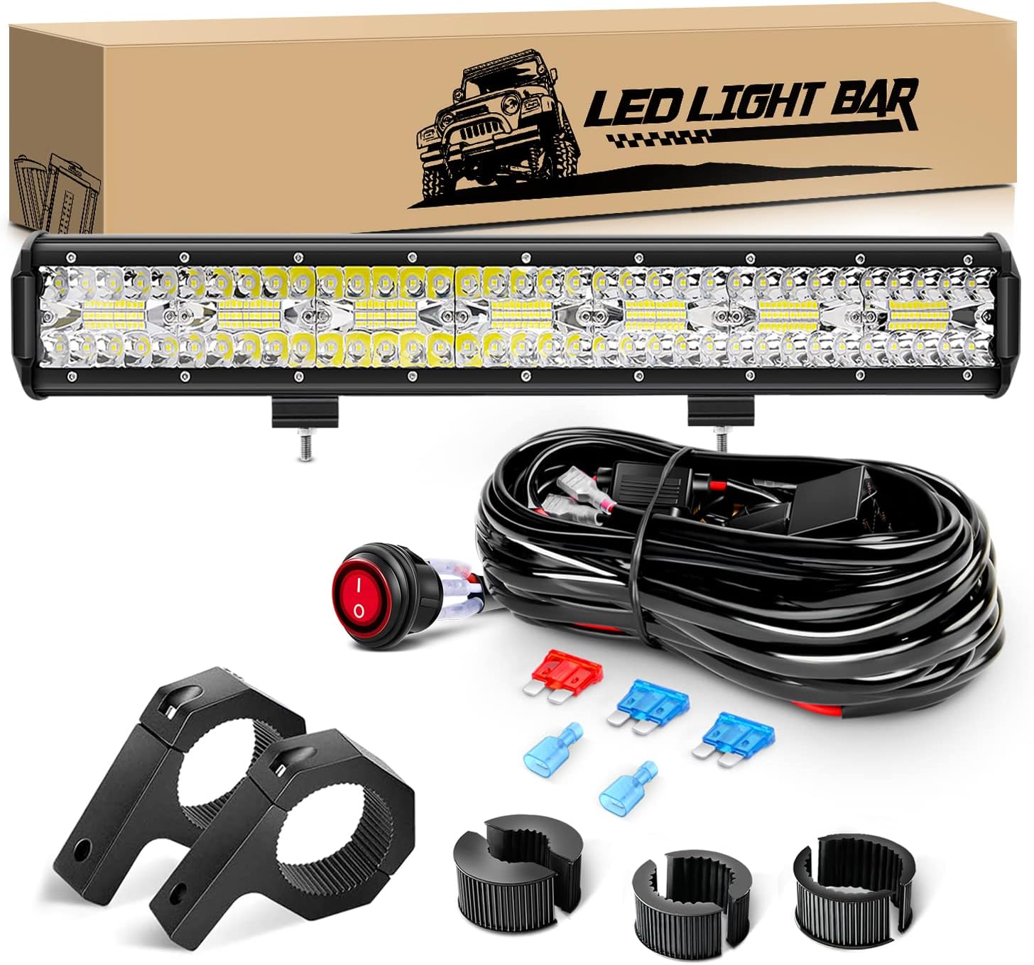 GOOACC 20Inch 420W Triple Row Led Light Bar Spot Flood Combo Driving Lighting Mounting Bracket Horizontal Bar Tube Working Light with 16AWG Wiring Harness for Truck Golf Cart Boat, 2 Years Warranty