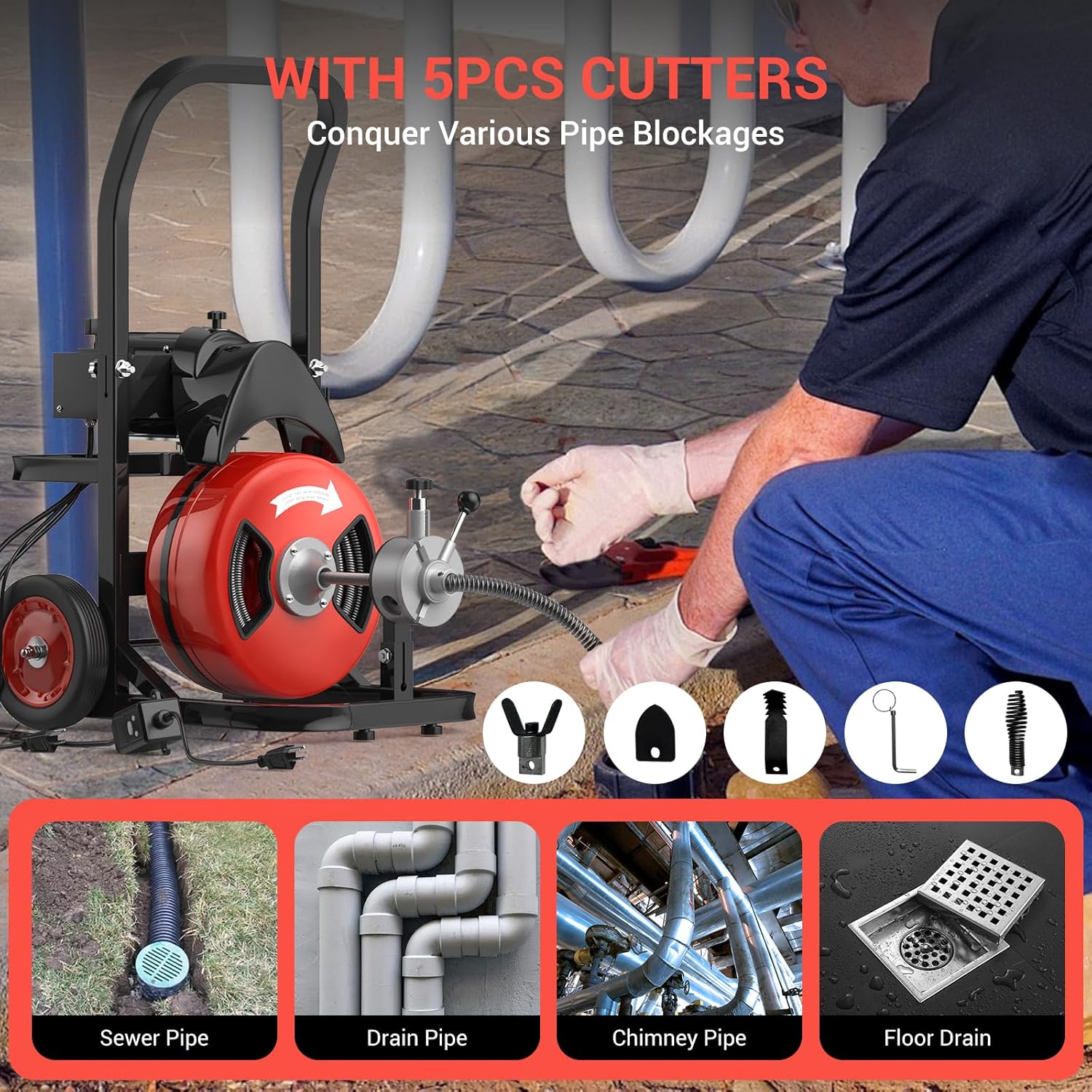 Electric Drain Cleaning Machine 100Ft 1/2 Inch, 450W Auto Feed Portable Sewer Snake, Drain Auger with 6 Cutter and Air-Activated Foot Switch for 2