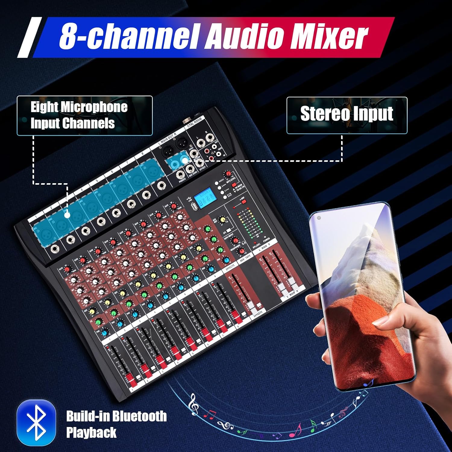 Professional 8-Channel Audio Mixer, Audio Interface, Bluetooth Studio Audio Mixer Live Sound Mixing Console with USB, Music Recording Equipment with 48V Phantom Power RCA Input XLR