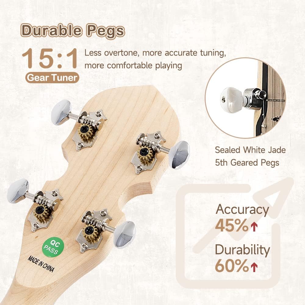 5 String Banjo, Mulucky Full Size with 24 Brackets Banjo, Open Back, Maple Banjos with Remo Head, Geared 5th Tuner, Gift Package with Beginner Kit - MB1101