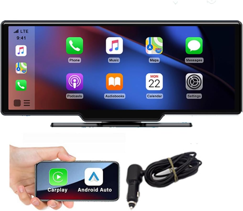 Portable Carplay Screen Wireless Carplay & Android Auto 10Inch Touch Screen Car Multimedia Player Bluetooth5.0/Mirror Link/FM/TF/AUX Built-in Speaker