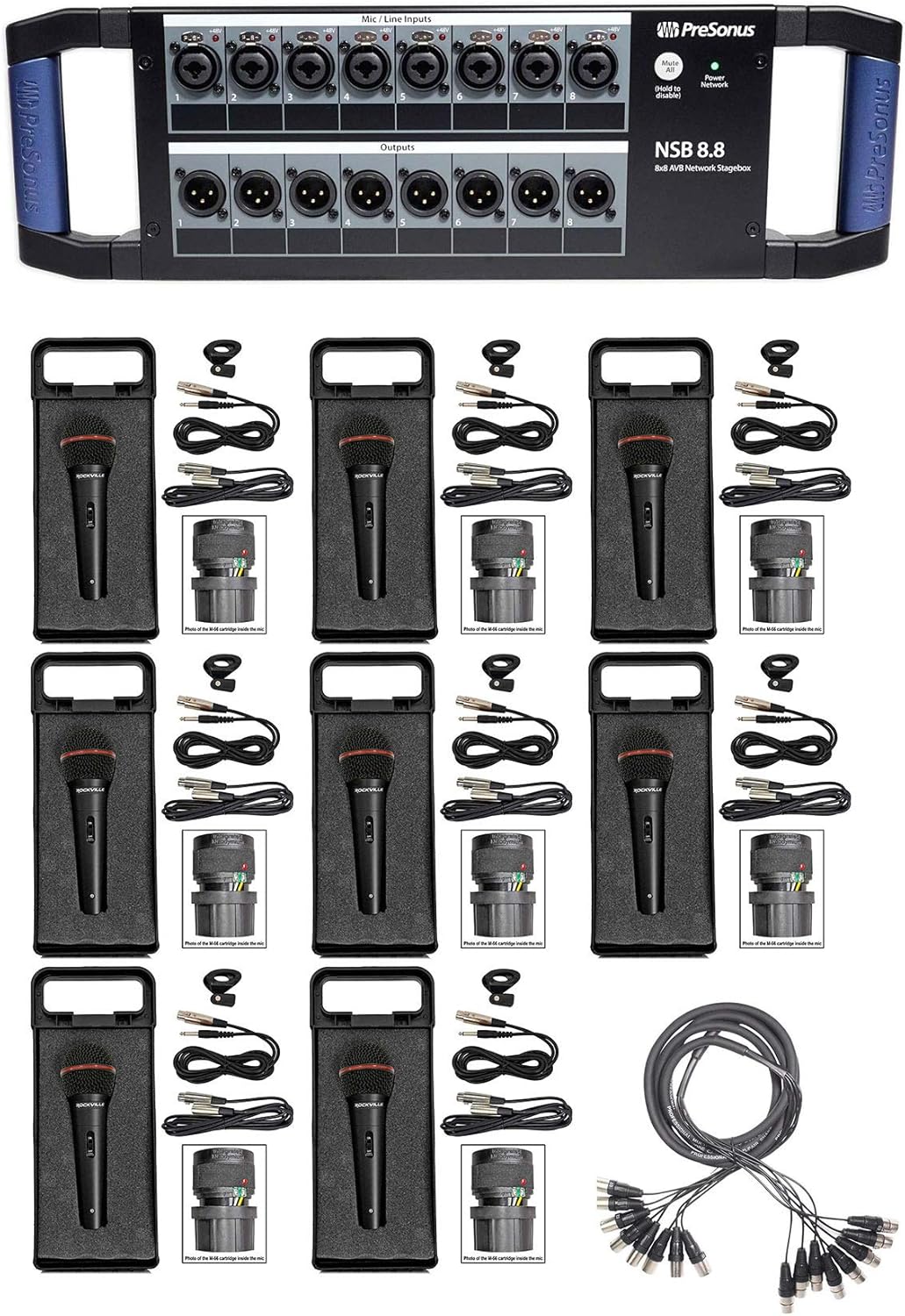 PRESONUS NSB 8.8 8x8 AVB Stagebox w/(8) XMAX Preamps+Snake Cable+(8) Microphones