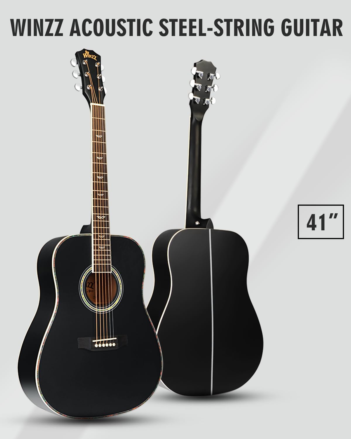 Winzz Acoustic Guitars Full Size, 4/4 Folk Guitar for Beginners Adults, Acoustic Steel-string Guitar Black (41 Inches）