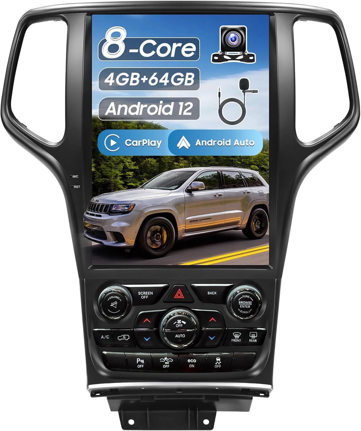 Car Stereo Radio Upgrade for Grand Cherokee 2014-2022, 12.1 inch Android 12 4+64GB Wireless CarPlay and Android Auto/Voice Control/GPS/Bluetooth 5.0/WiFi/1080P Rear Camera