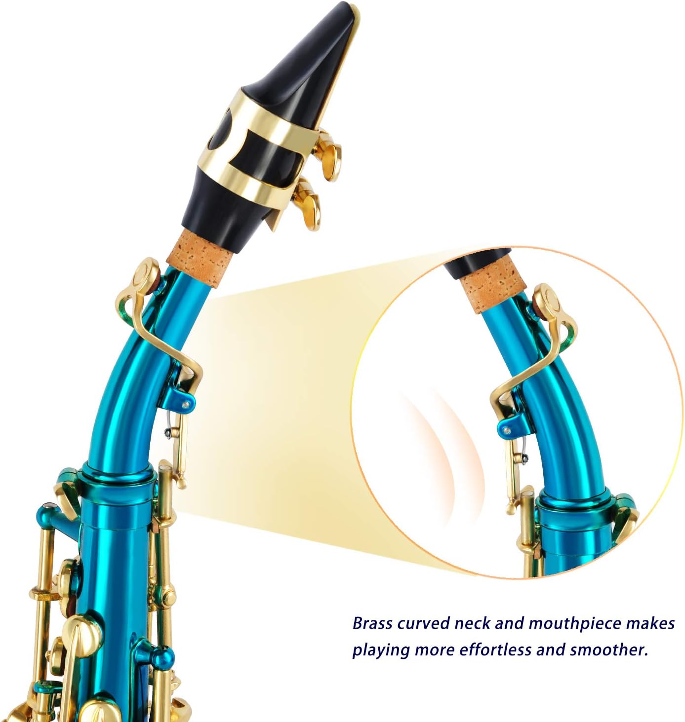 EASTROCK Soprano Saxophone Curved Bb Flat blue Sax Instruments for Beginners Intermediate Players with Carrying Case,Mouthpiece,Pads,Reed,Cleaning kit,neck Strap,White Gloves