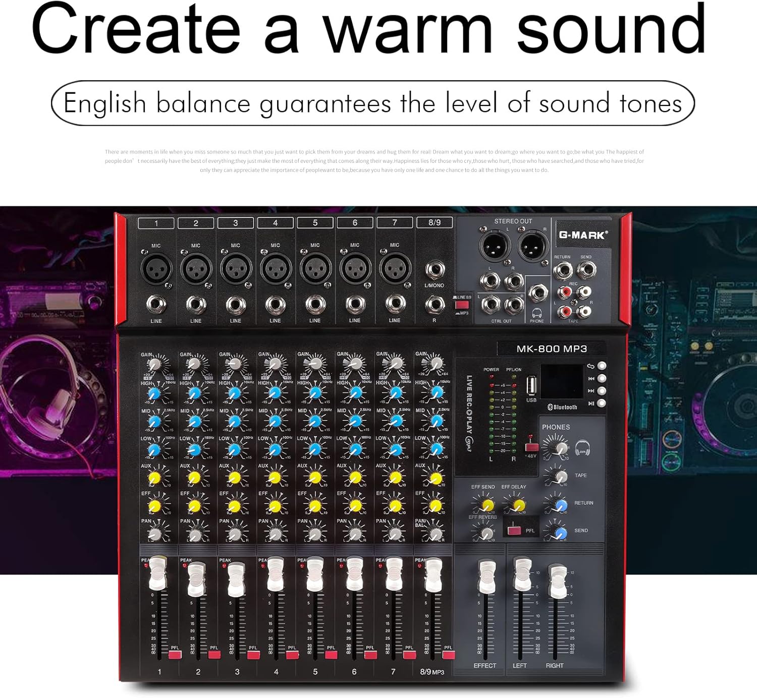 G-MARK MK800MP3 Professional Audio Mixer Sound Board 8 Channels Mixing Console with MP3 Player +48V Phantom Power Digital USB Bluetooth Reverb DJ Mixer Audio for PC Karaoke Stage Studio Recording