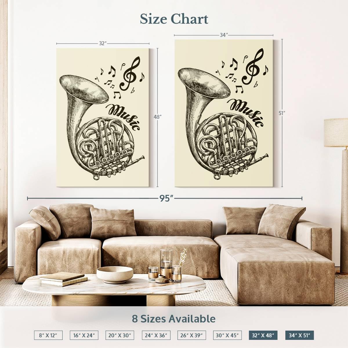 ElephantStock - French Horn Music Wall Art - Vertical Canvas Wall Art - Living Room Wall Decor - Drawing Music Canvas Art - Beige And Black Decor - 34