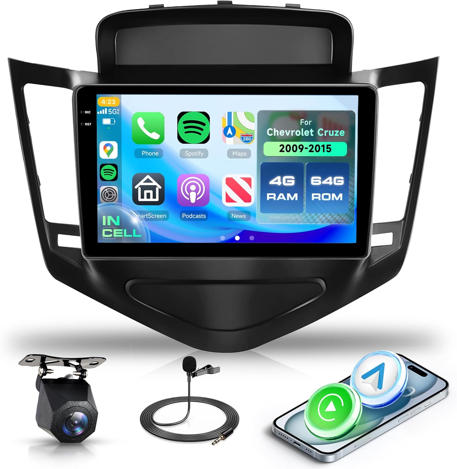 4G 64G Android Car Stereo for Chevrolet Chevy Cruze 2009-2015 Wireless Carplay Android Auto Car Radio, 9’’ Touch Screen Head Unit with Bluetooth GPS Mirror Link WiFi EQ FM/RDS Backup Camera SWC MIC