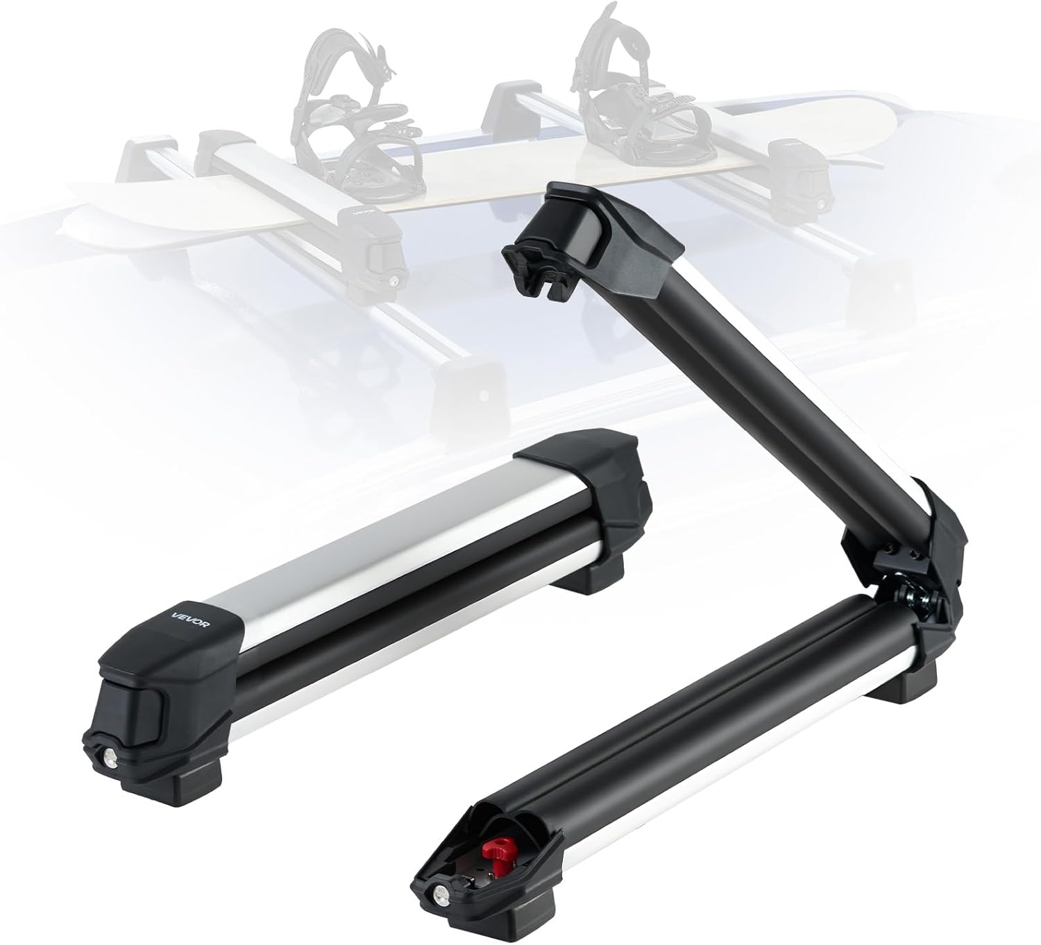 VEVOR Ski & Snowboard Roof Rack, Carry up to 4 Pairs of Skis or 2 Snowboards, 2 PCS Aluminum Universal Car Roof Rack with Lock & Rubber Padding, Carrier for Fishing Rod, Fit Most Slotted Crossbars