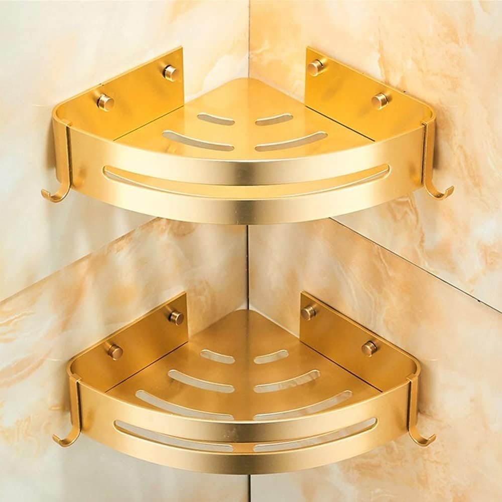 Shower shelf corner,corner shower caddy,Shower Shelf Racks Bathroom Corner Gold Shelf, Shower Caddy with Two Hooks, Self Adhesive Wall Mount with Screws Storage Shelves Triangle Baskets Shower Caddy(2