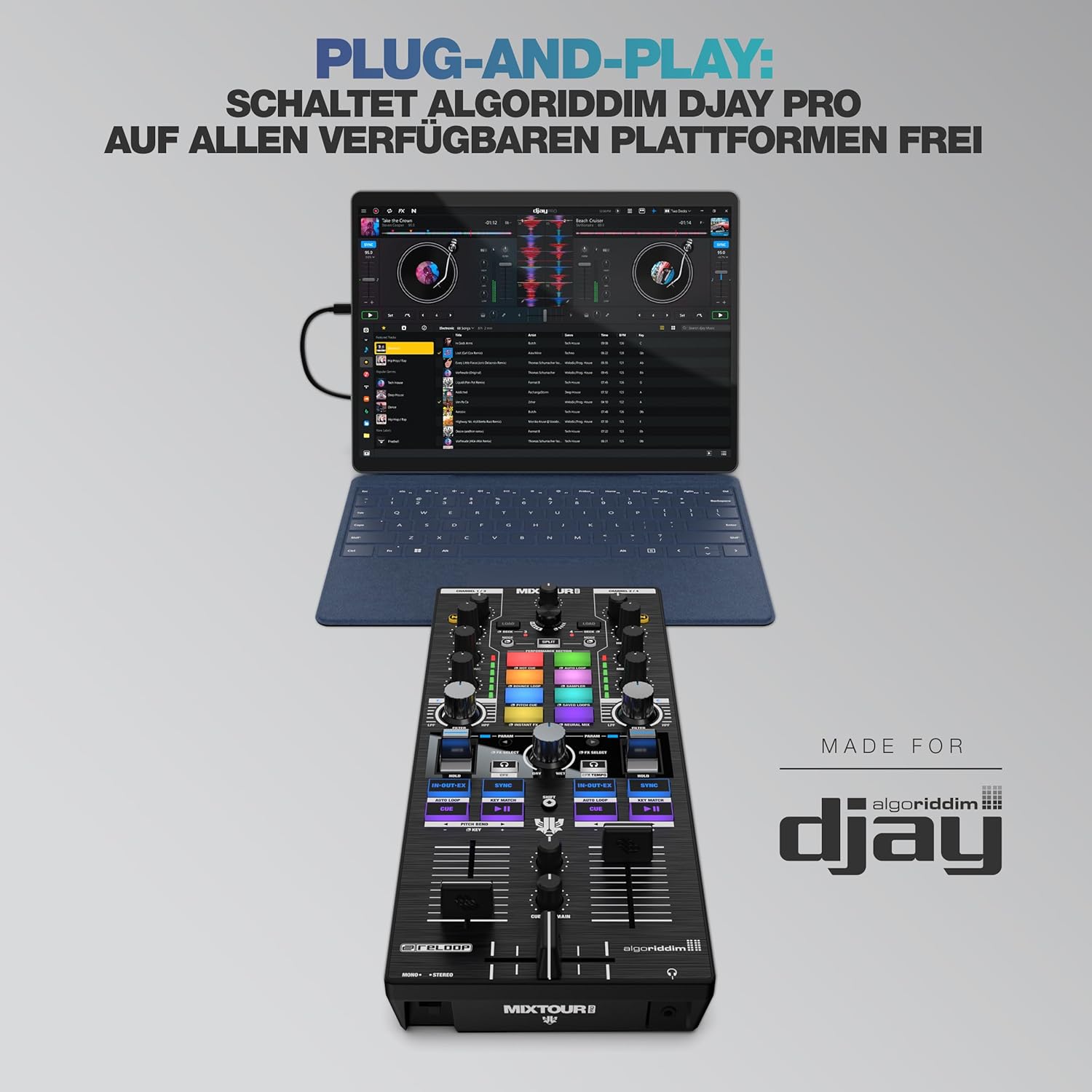 Reloop Mixtour Pro High-quality, ultra-portable, all-in-one four-deck DJ controller with audio interface